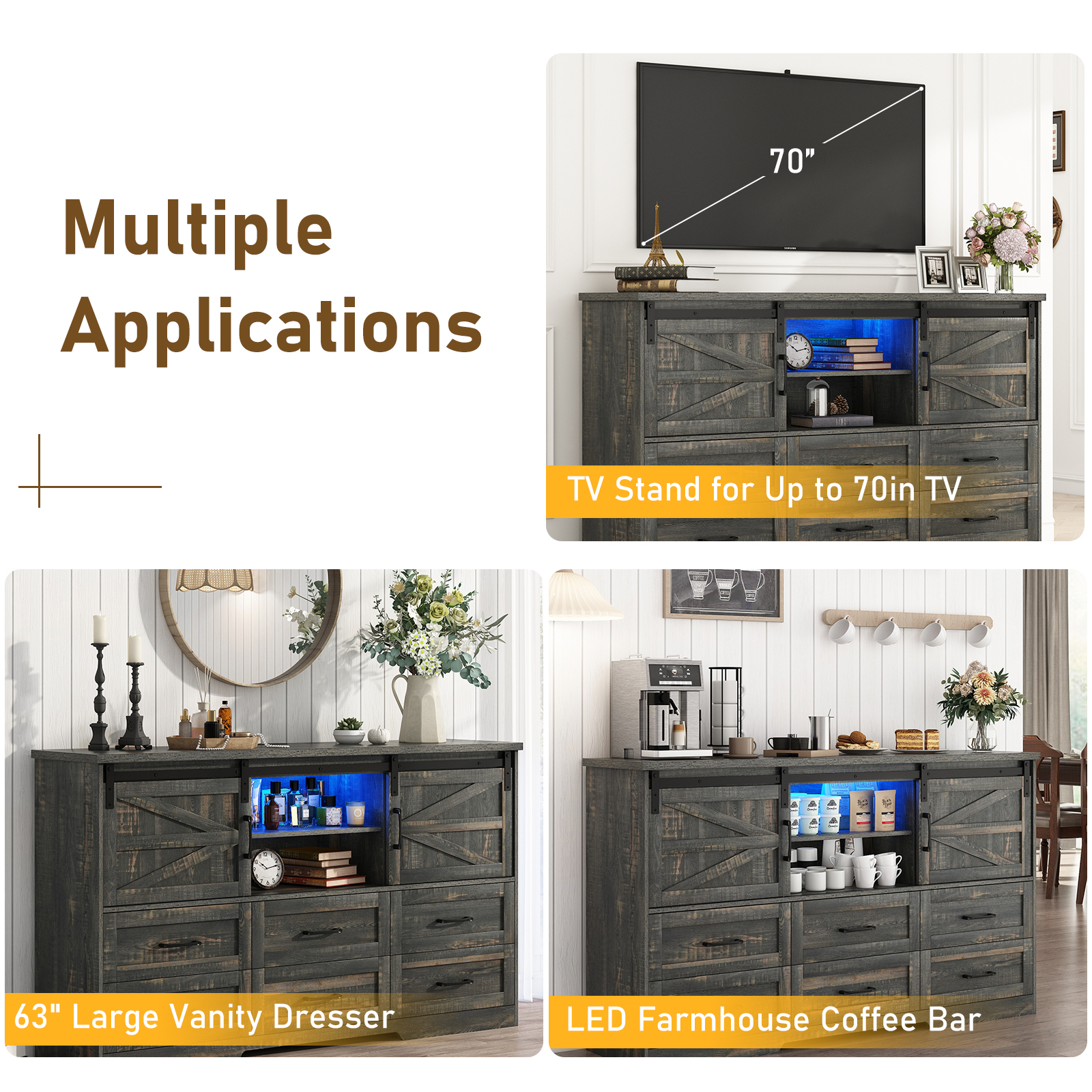 ChVans 63'' Farmhouse Dresser with LED Lights&Charging Station, 6 Drawer Dresser with 2 Sliding Doors, 3 Shelves, Wood Wide Storage Cabinet for Bedroom, Living Room, Hallway