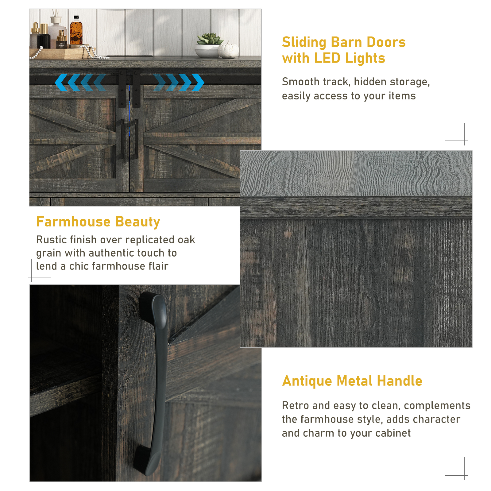 ChVans 63'' Farmhouse Dresser with LED Lights&Charging Station, 6 Drawer Dresser with 2 Sliding Doors, 3 Shelves, Wood Wide Storage Cabinet for Bedroom, Living Room, Hallway