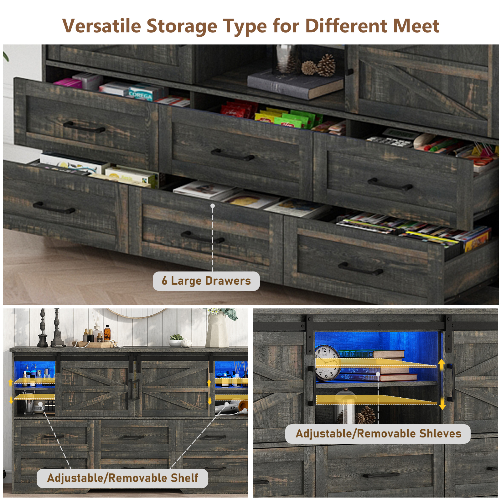 ChVans 63'' Farmhouse Dresser with LED Lights&Charging Station, 6 Drawer Dresser with 2 Sliding Doors, 3 Shelves, Wood Wide Storage Cabinet for Bedroom, Living Room, Hallway