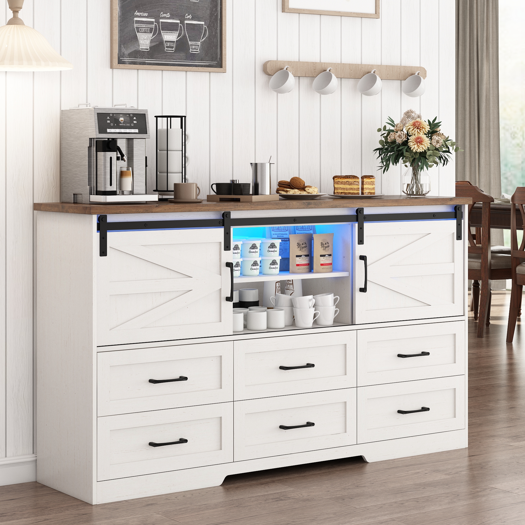 ChVans 63'' Farmhouse Dresser with LED Lights&Charging Station, 6 Drawer Dresser with 2 Sliding Doors, 3 Shelves, Wood Wide Storage Cabinet for Bedroom, Living Room, Hallway