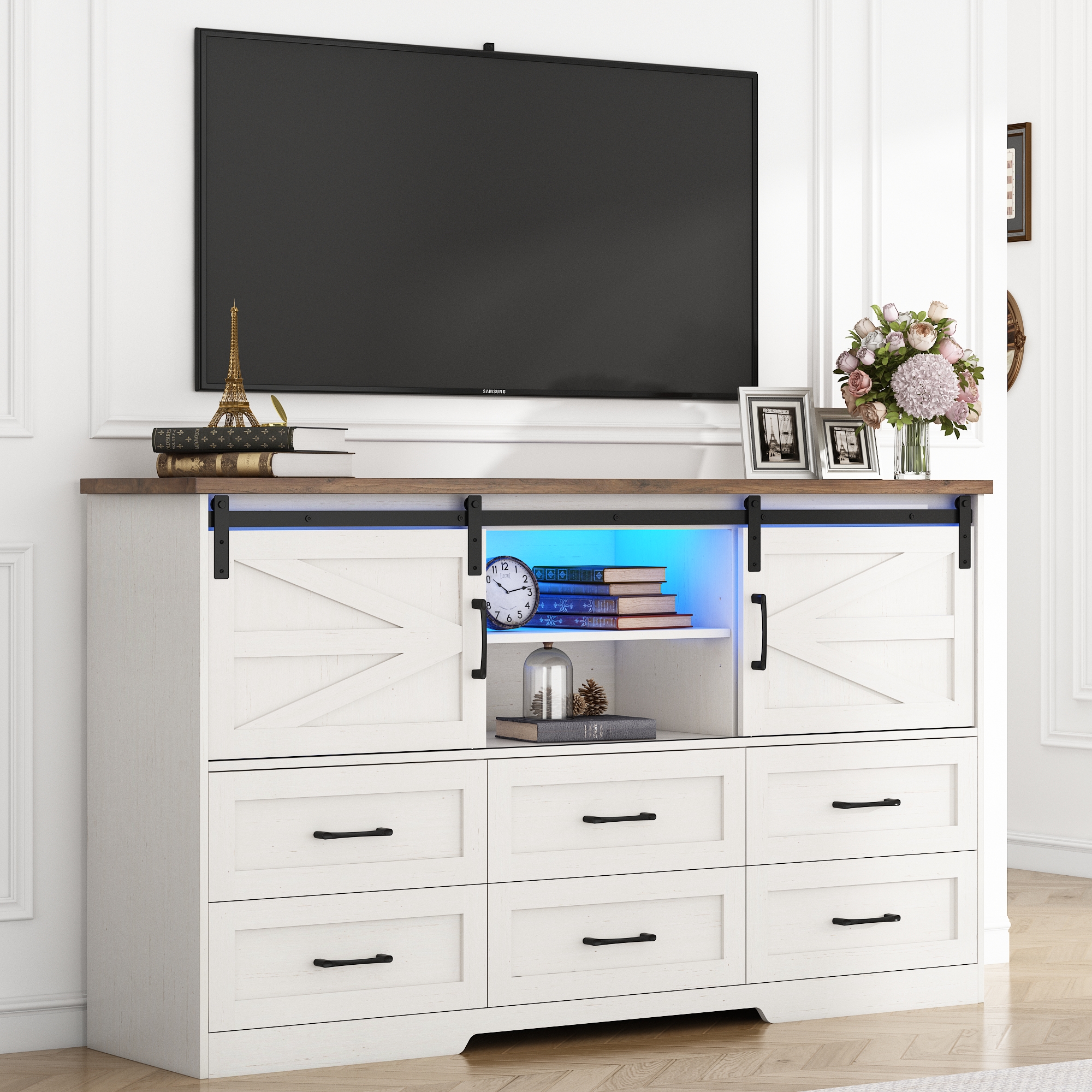 ChVans 63'' Farmhouse Dresser with LED Lights&Charging Station, 6 Drawer Dresser with 2 Sliding Doors, 3 Shelves, Wood Wide Storage Cabinet for Bedroom, Living Room, Hallway