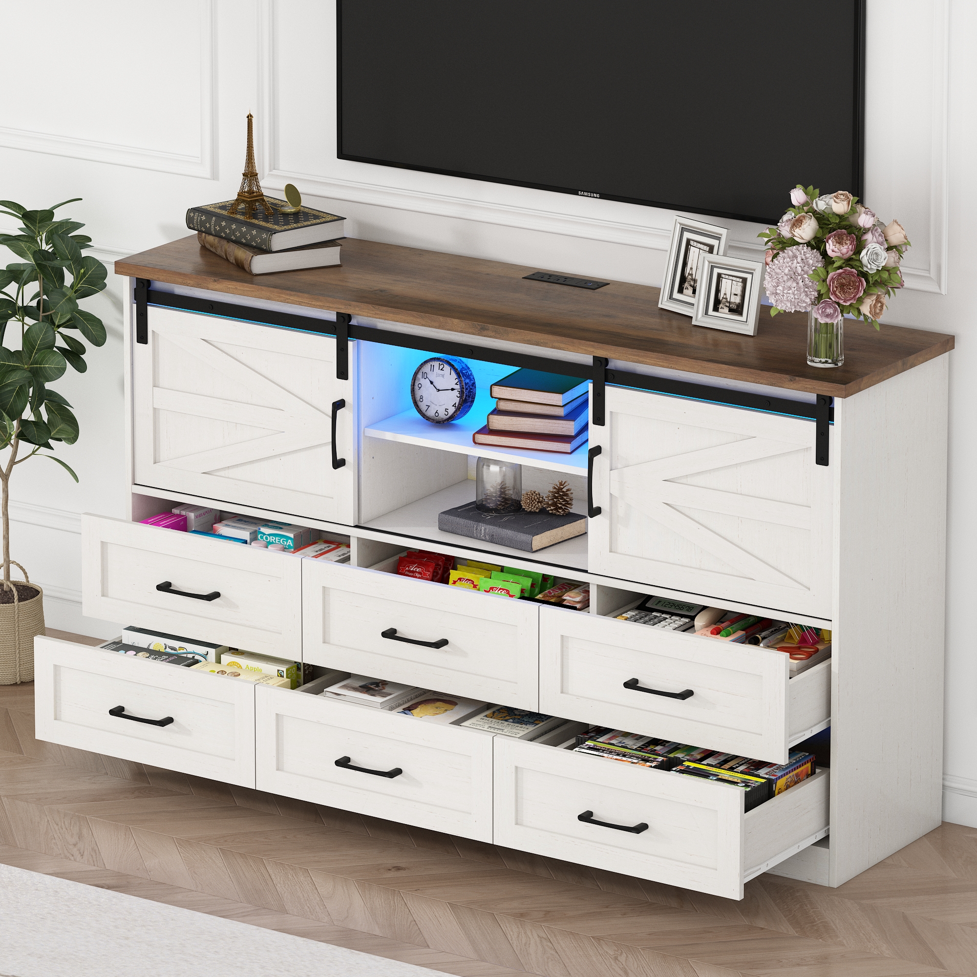 ChVans 63'' Farmhouse Dresser with LED Lights&Charging Station, 6 Drawer Dresser with 2 Sliding Doors, 3 Shelves, Wood Wide Storage Cabinet for Bedroom, Living Room, Hallway