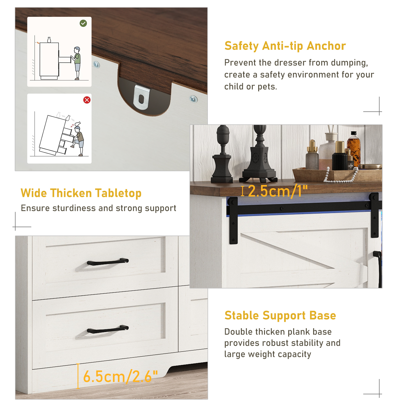 ChVans 63'' Farmhouse Dresser with LED Lights&Charging Station, 6 Drawer Dresser with 2 Sliding Doors, 3 Shelves, Wood Wide Storage Cabinet for Bedroom, Living Room, Hallway