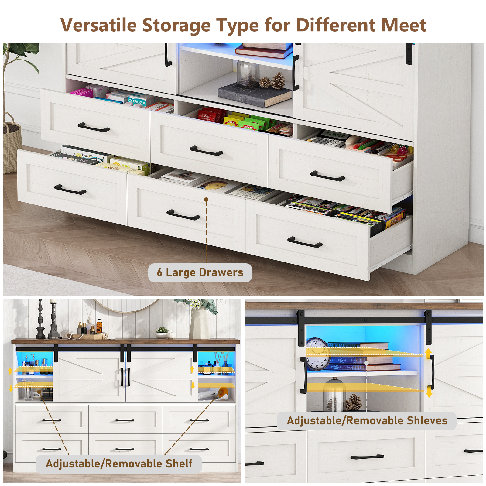ChVans 63'' Farmhouse Dresser with LED Lights&Charging Station, 6 Drawer Dresser with 2 Sliding Doors, 3 Shelves, Wood Wide Storage Cabinet for Bedroom, Living Room, Hallway