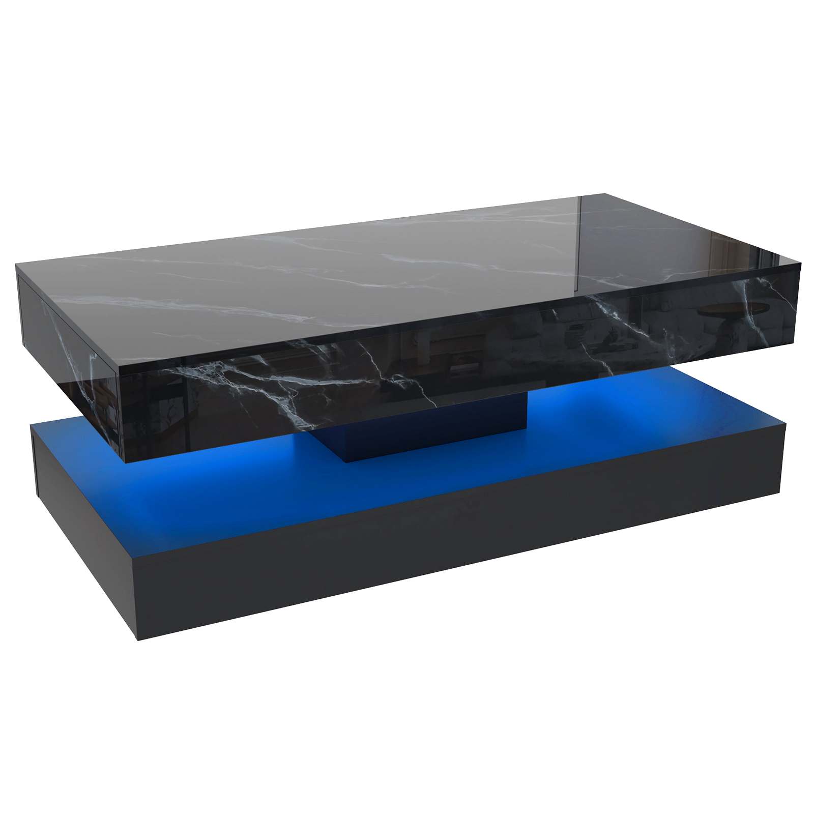 ChVans Black LED Coffee Table with 2 Storage Drawers, Modern High Gloss Coffee Table w/20 Colors LED Lights/APP Control, 2 Tiers Rectangle Large Living Room Furniture w/Marbling Print(47.3"Black)