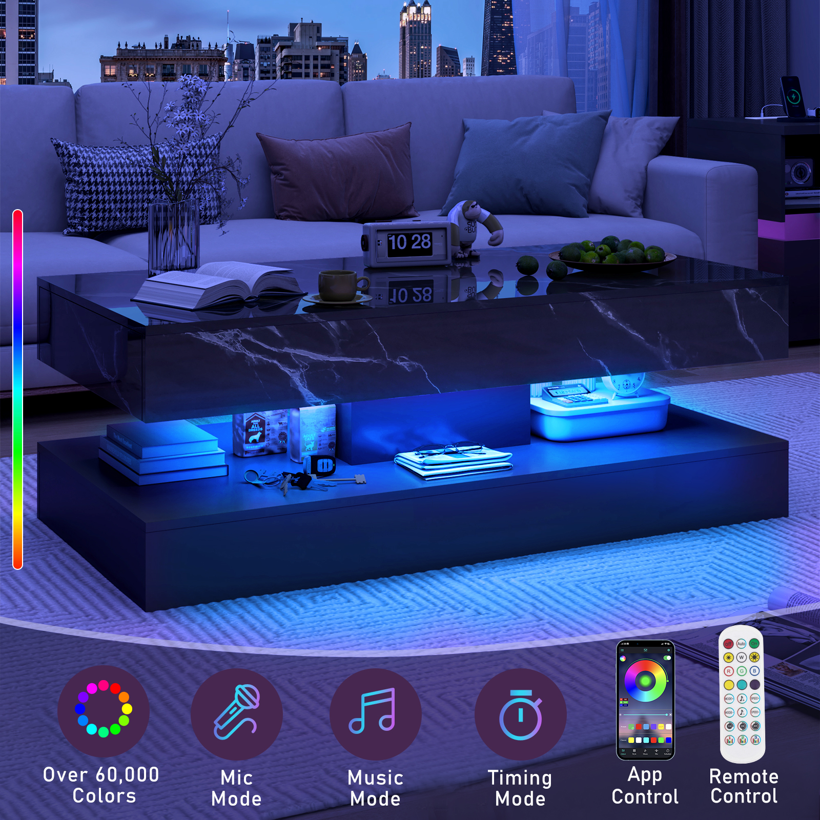 ChVans Black LED Coffee Table with 2 Storage Drawers, Modern High Gloss Coffee Table w/20 Colors LED Lights/APP Control, 2 Tiers Rectangle Large Living Room Furniture w/Marbling Print(47.3"Black)