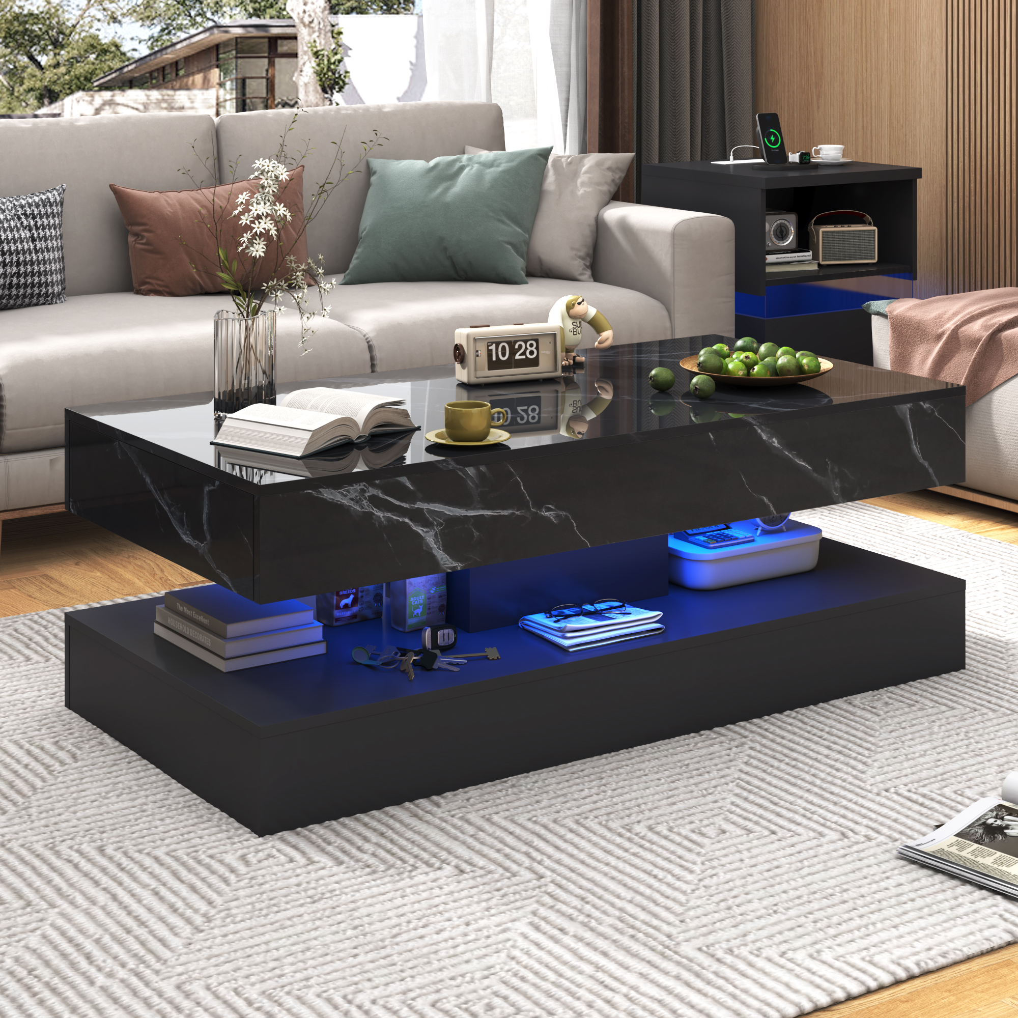 ChVans Black LED Coffee Table with 2 Storage Drawers, Modern High Gloss Coffee Table w/20 Colors LED Lights/APP Control, 2 Tiers Rectangle Large Living Room Furniture w/Marbling Print(47.3"Black)