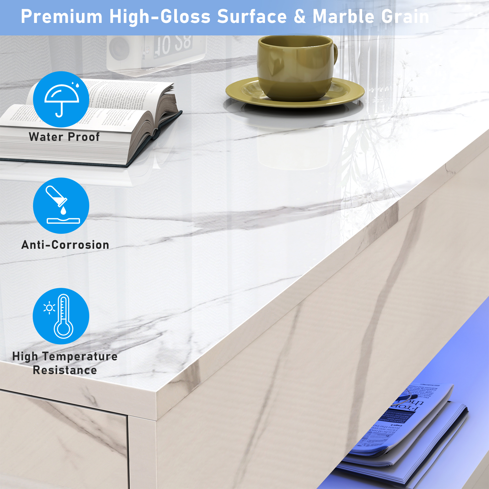 ChVans Black LED Coffee Table with 2 Storage Drawers, Modern High Gloss Coffee Table w/20 Colors LED Lights/APP Control, 2 Tiers Rectangle Large Living Room Furniture w/Marbling Print(47.3"Black)