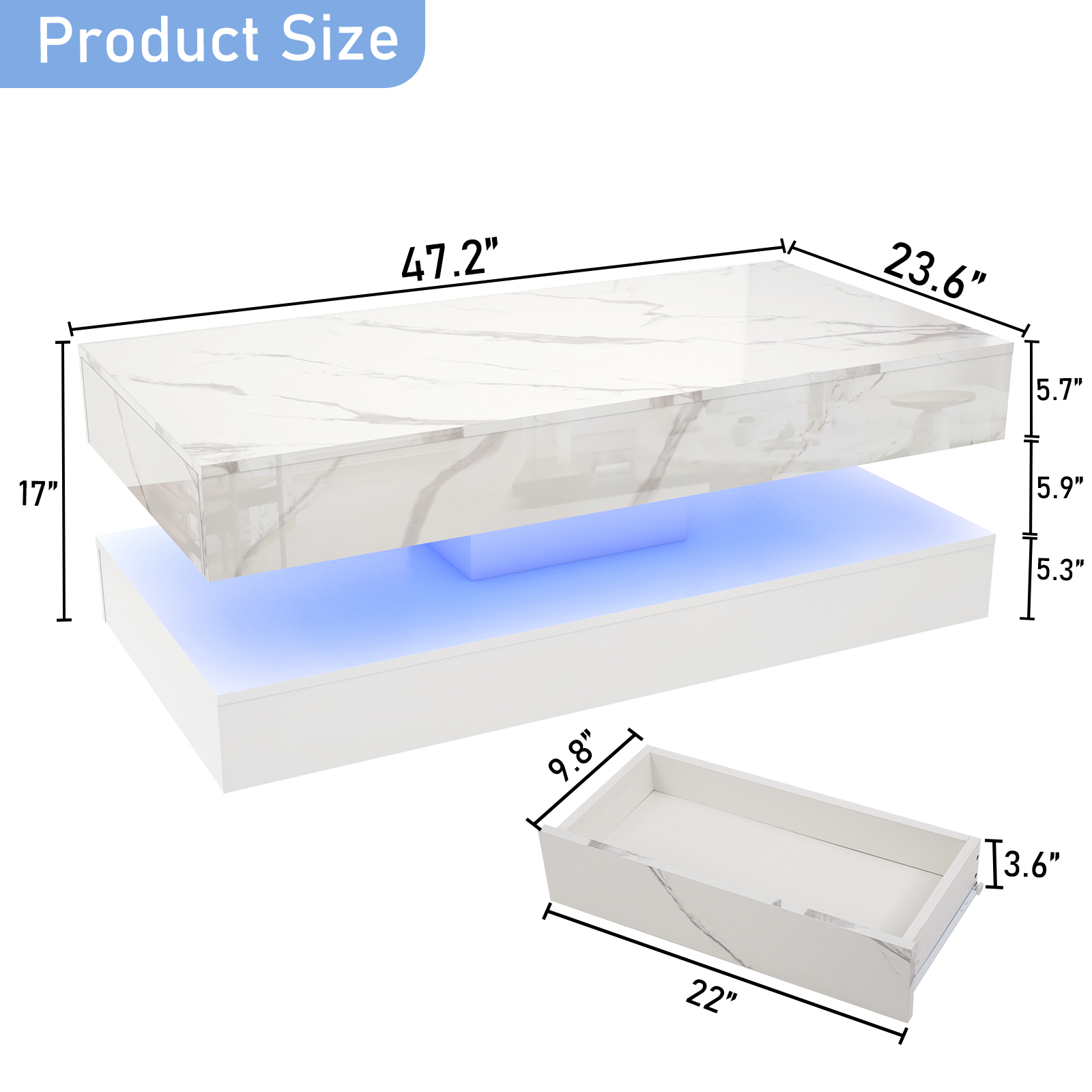 ChVans Black LED Coffee Table with 2 Storage Drawers, Modern High Gloss Coffee Table w/20 Colors LED Lights/APP Control, 2 Tiers Rectangle Large Living Room Furniture w/Marbling Print(47.3"Black)