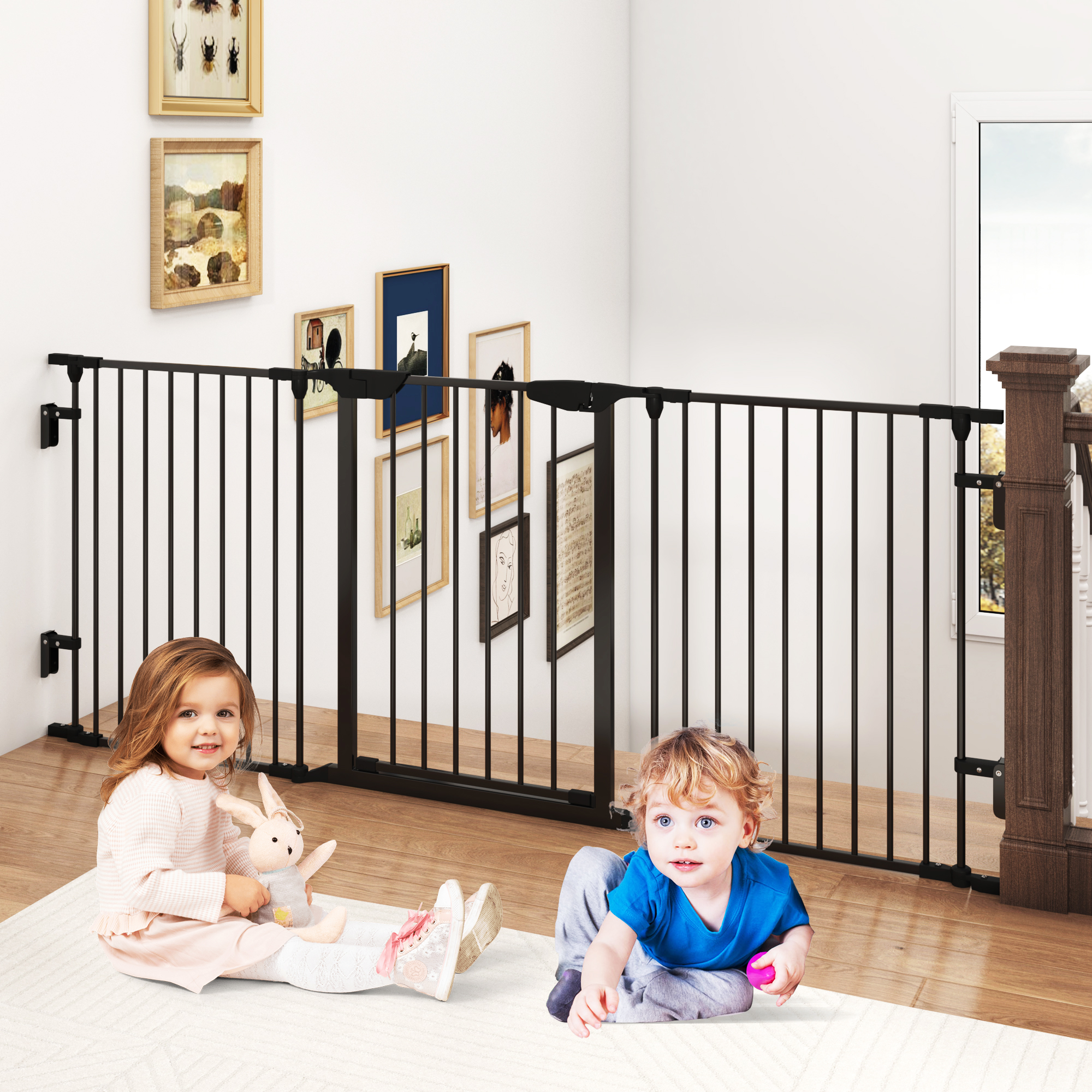 Yaoping 74" Wide Baby Gate Metal Safety Fence for Toddlers/Pets/Dogs, 3 Panels, Metal Baby Fence, Tall Pet Dog Gates for House Stairs Doorways