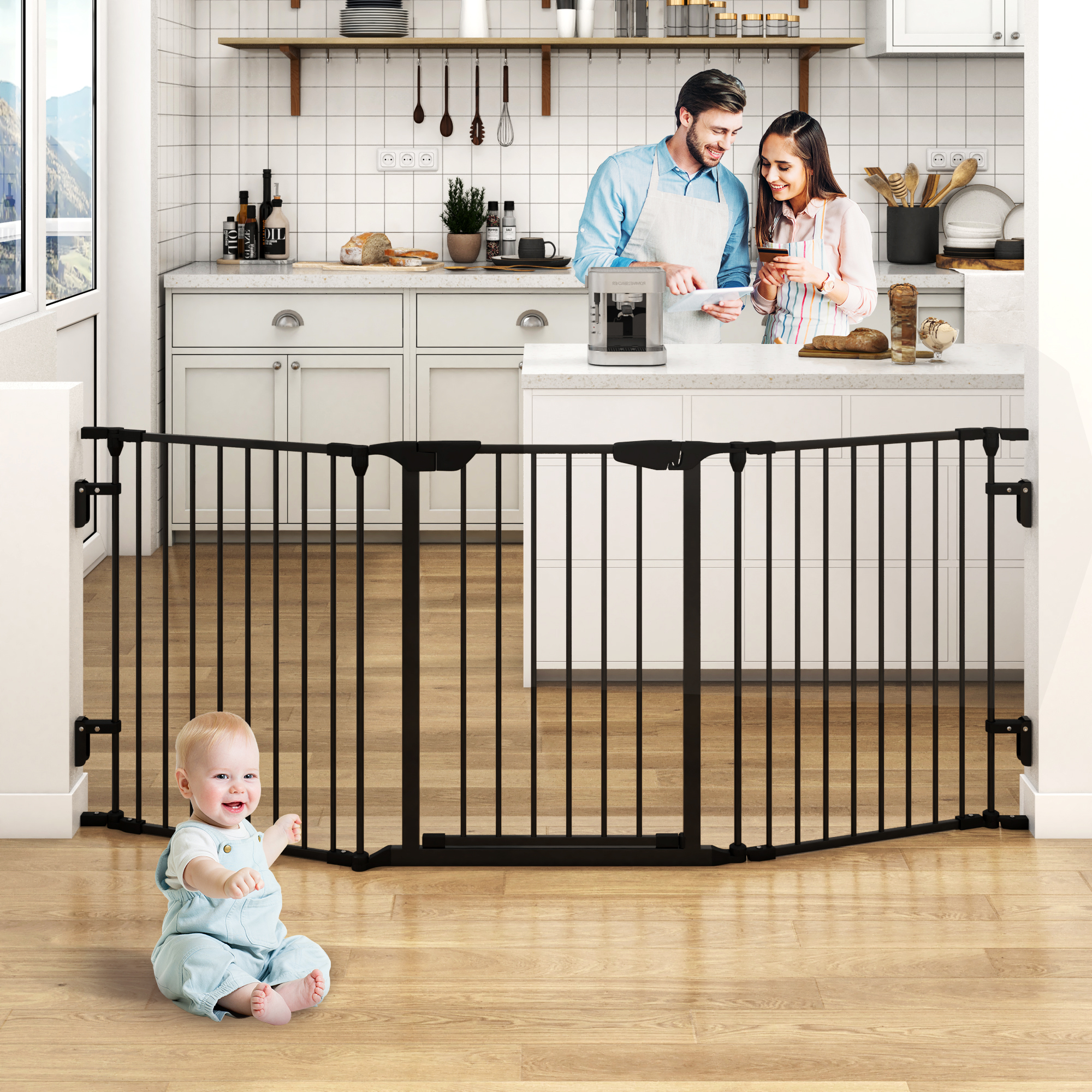 Yaoping 74" Wide Baby Gate Metal Safety Fence for Toddlers/Pets/Dogs, 3 Panels, Metal Baby Fence, Tall Pet Dog Gates for House Stairs Doorways