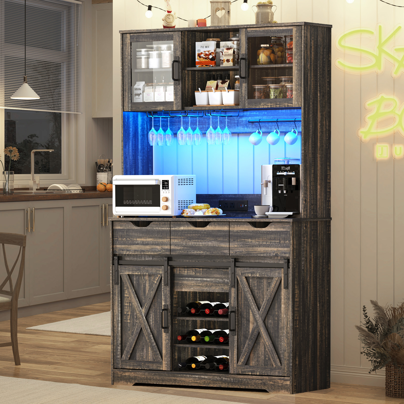 72" Tall Kitchen Pantry with LED Light & Power Outlet & Wine Rack, Large Pantry Hutch Cabinet with Sliding Barn Door & Glass Doors & 4 Drawers
