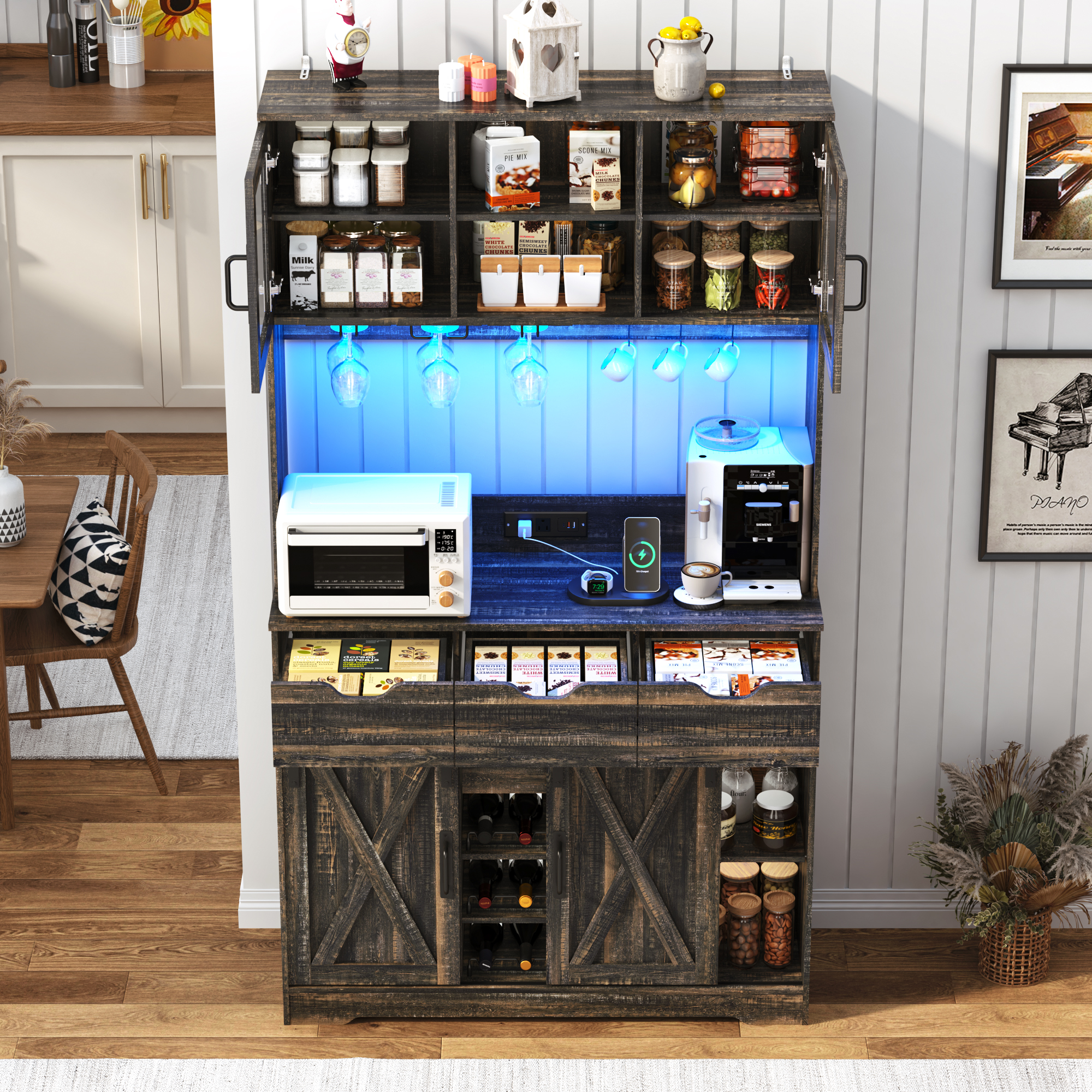 72" Tall Kitchen Pantry with LED Light & Power Outlet & Wine Rack, Large Pantry Hutch Cabinet with Sliding Barn Door & Glass Doors & 4 Drawers