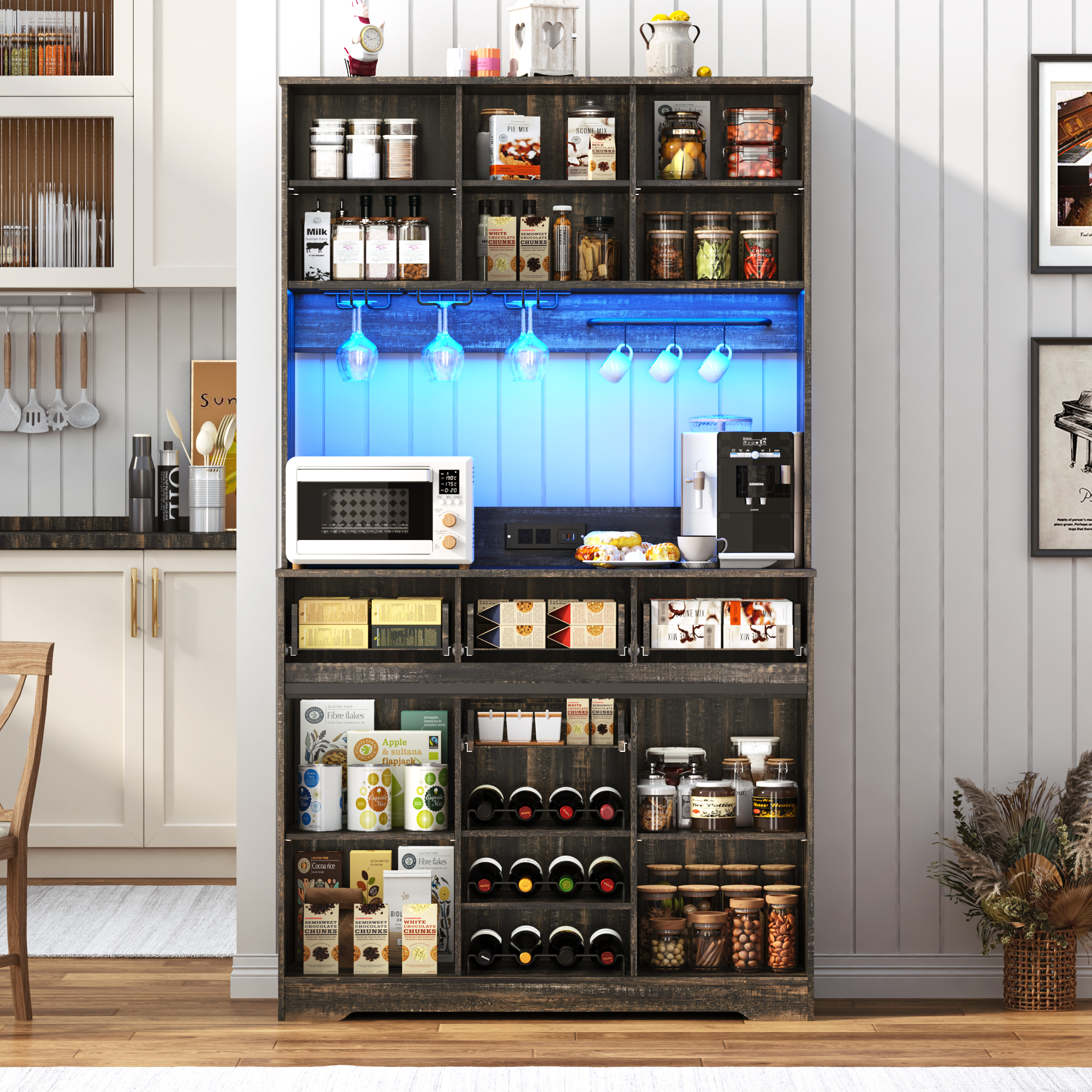 72" Tall Kitchen Pantry with LED Light & Power Outlet & Wine Rack, Large Pantry Hutch Cabinet with Sliding Barn Door & Glass Doors & 4 Drawers