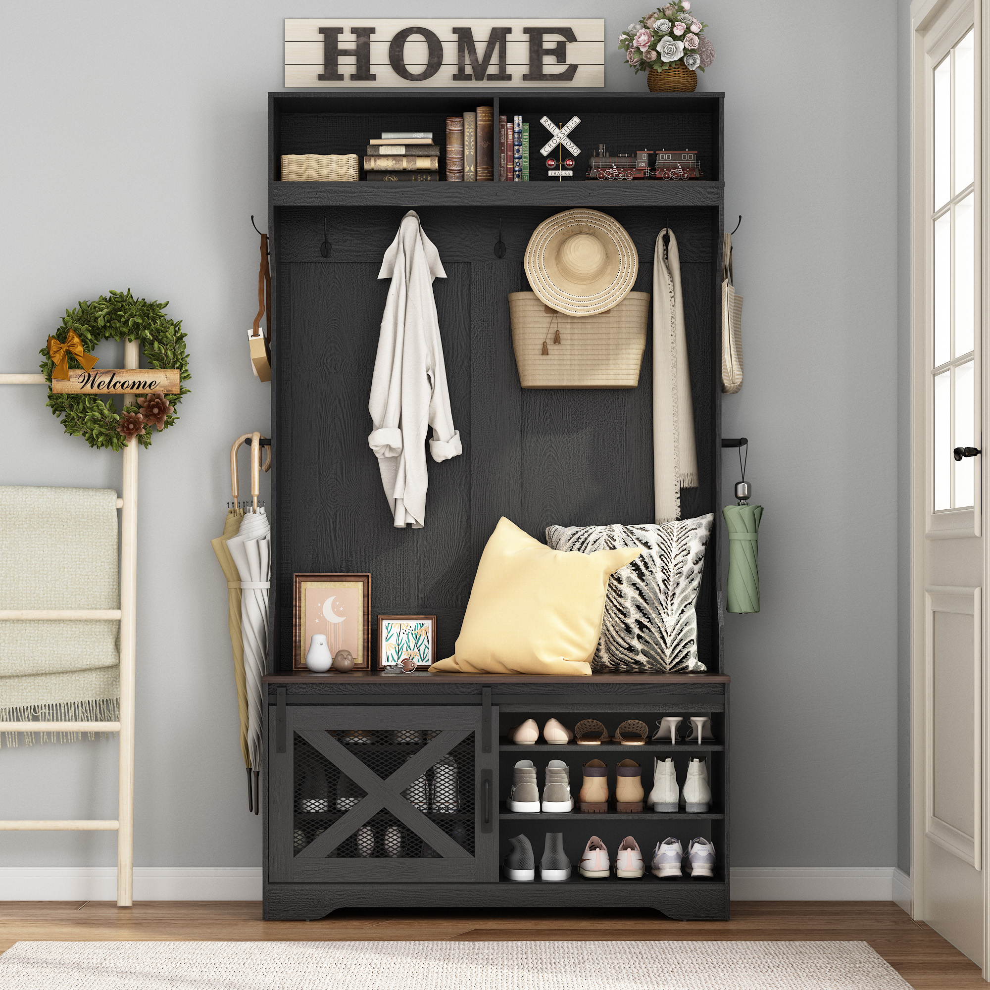 ChVans 75''H LED Farmhouse Hall Tree with Bench and Shoe Storage, Hall Tree with Storage Bench,12 Shoe Cabinet,Umbrella Holder&Sock Storage Drawer,Mudroom,Hallway,Entryway Furniture