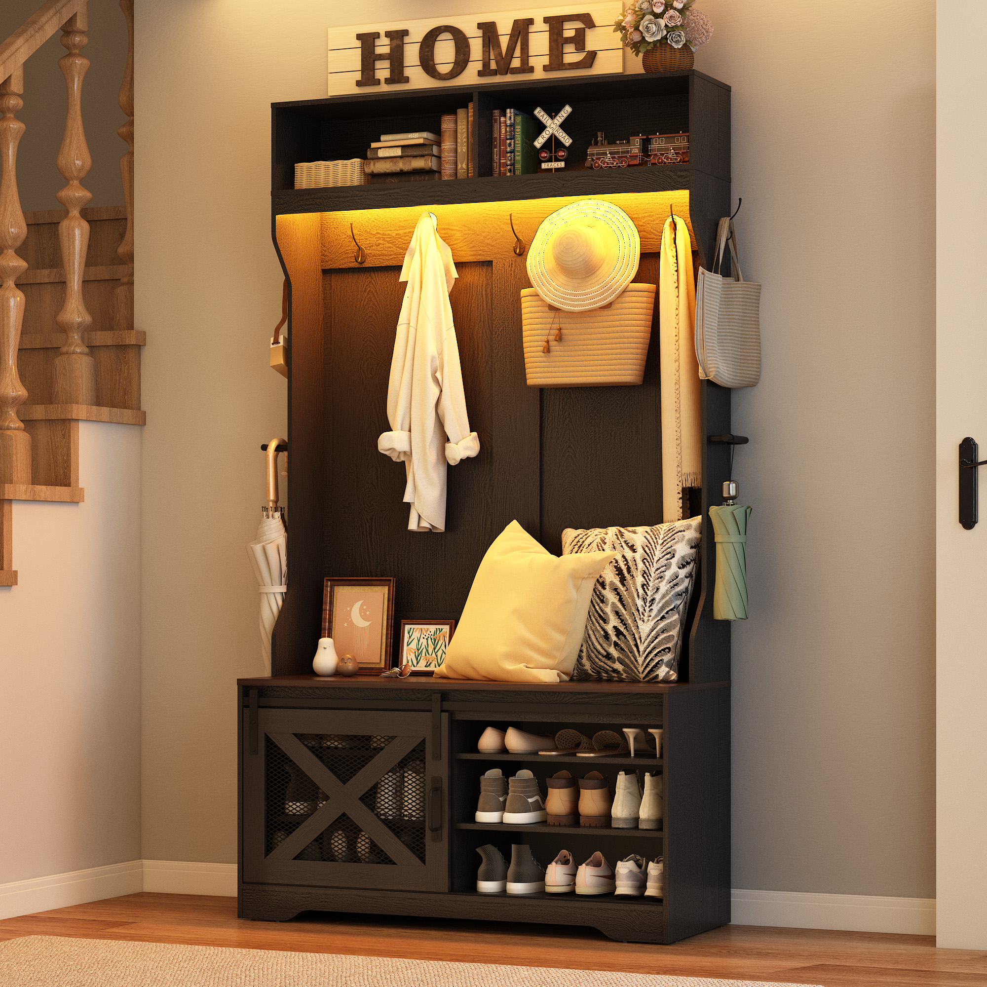 ChVans 75''H LED Farmhouse Hall Tree with Bench and Shoe Storage, Hall Tree with Storage Bench,12 Shoe Cabinet,Umbrella Holder&Sock Storage Drawer,Mudroom,Hallway,Entryway Furniture