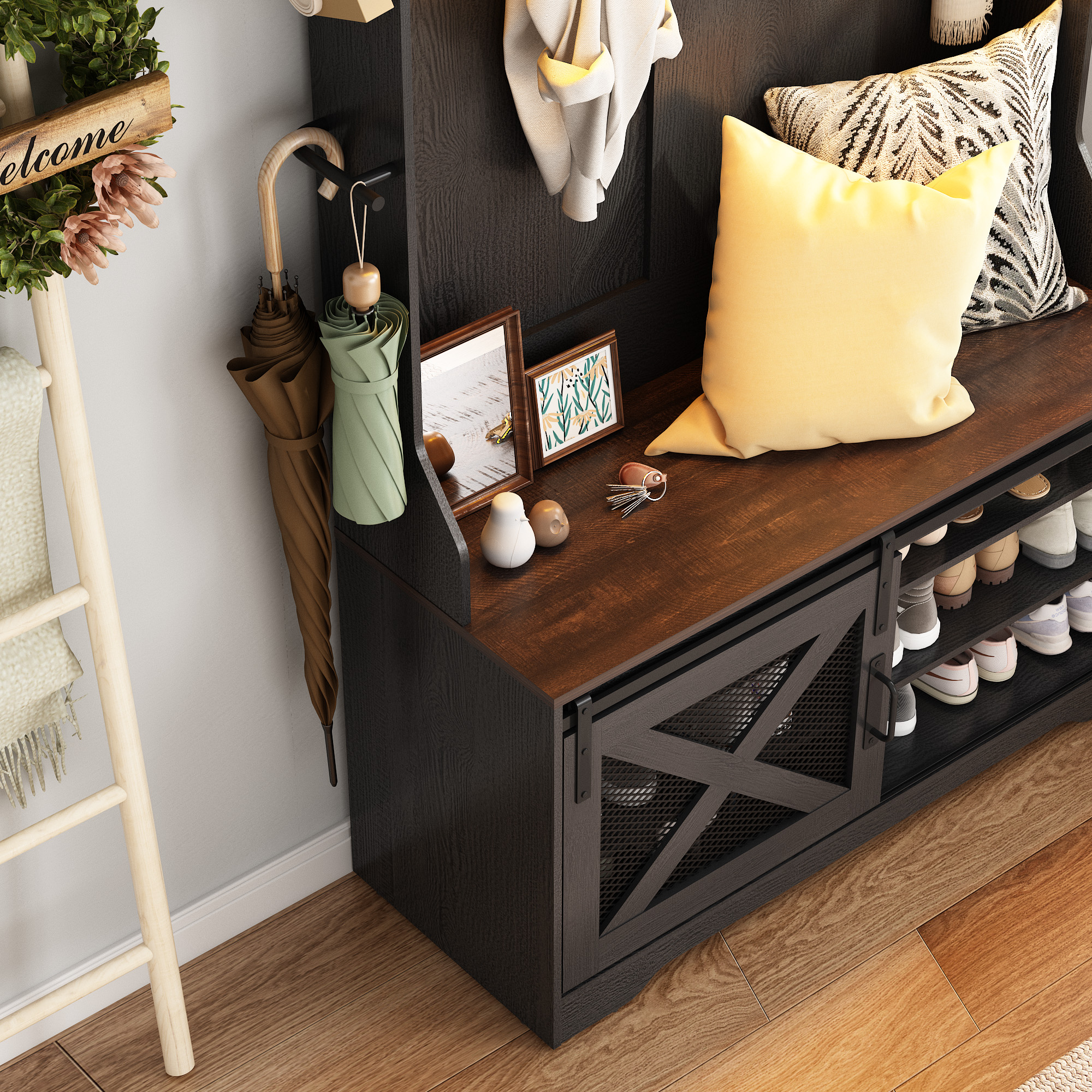 ChVans 75''H LED Farmhouse Hall Tree with Bench and Shoe Storage, Hall Tree with Storage Bench,12 Shoe Cabinet,Umbrella Holder&Sock Storage Drawer,Mudroom,Hallway,Entryway Furniture