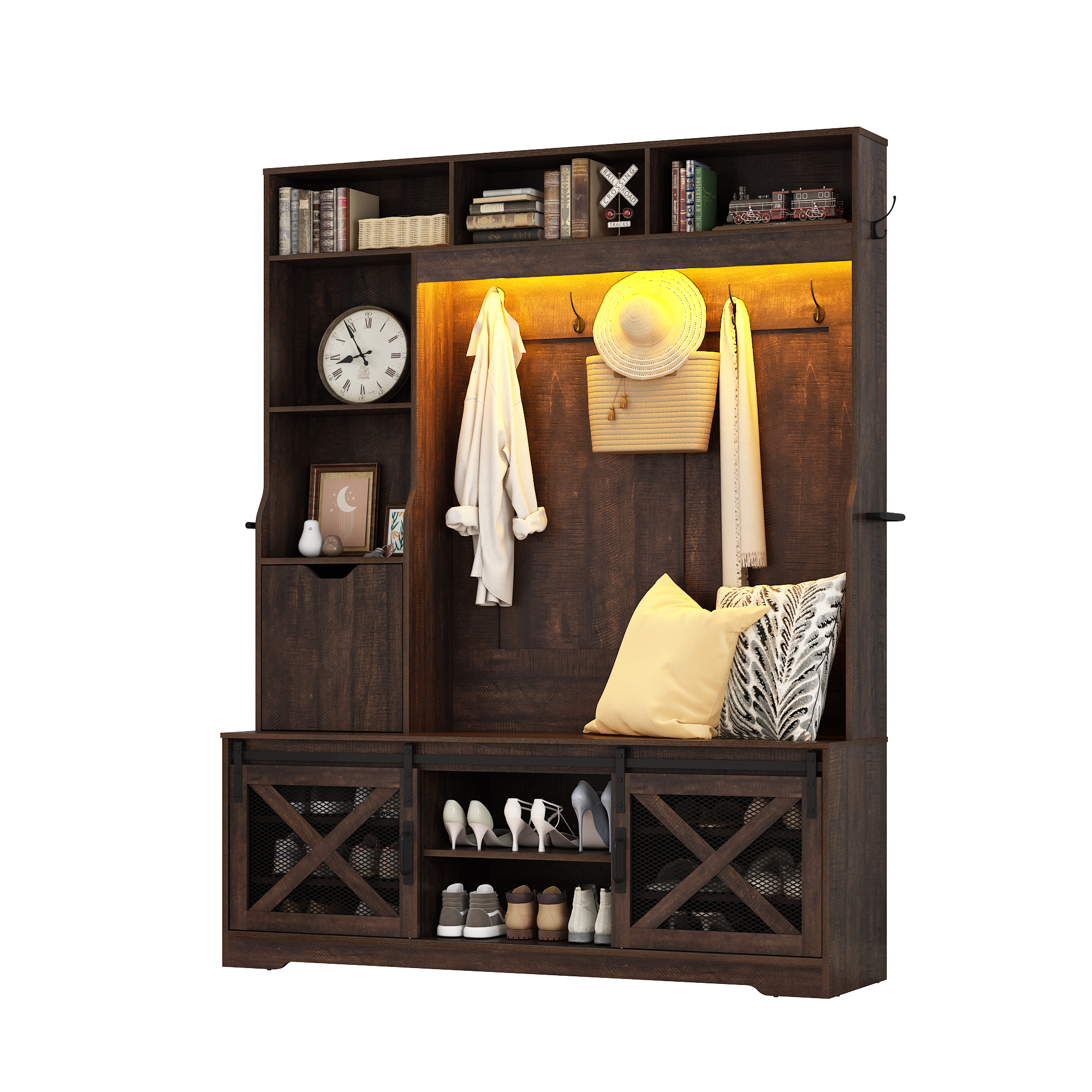 ChVans 75''H LED Farmhouse Hall Tree with 2 Sliding Barn Doors, Brown Hall Tree with Storage Bench, Drawer, Coat Hanger, 16 Shoe Cabinet & Umbrella Holder, Hallway Entryway Bench, Rustic