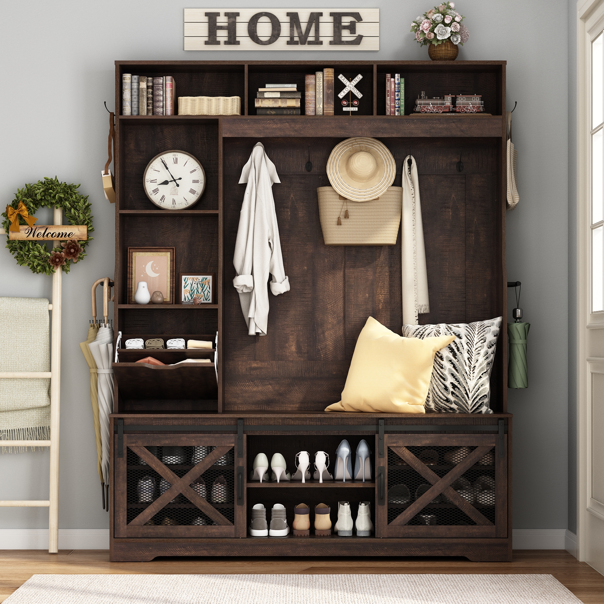 ChVans 75''H LED Farmhouse Hall Tree with 2 Sliding Barn Doors, Brown Hall Tree with Storage Bench, Drawer, Coat Hanger, 16 Shoe Cabinet & Umbrella Holder, Hallway Entryway Bench, Rustic