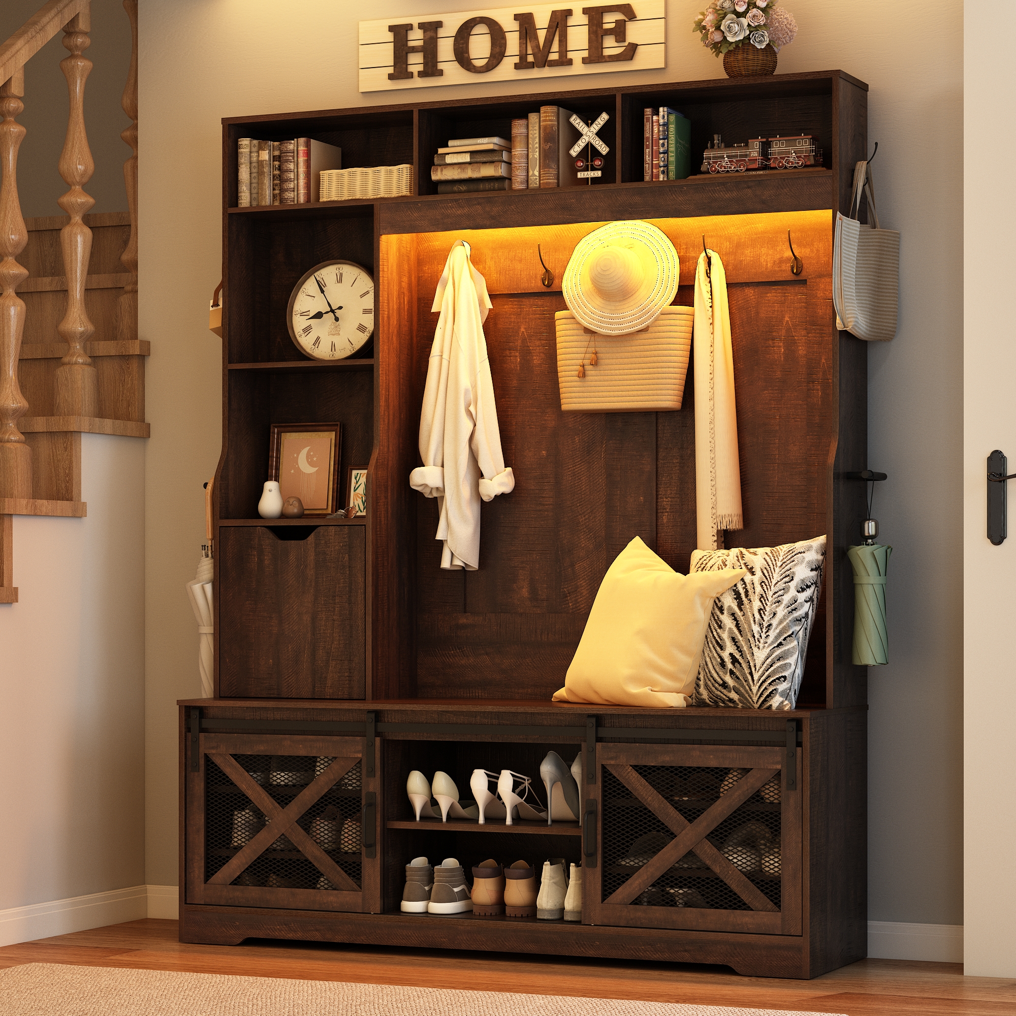 ChVans 75''H LED Farmhouse Hall Tree with 2 Sliding Barn Doors, Brown Hall Tree with Storage Bench, Drawer, Coat Hanger, 16 Shoe Cabinet & Umbrella Holder, Hallway Entryway Bench, Rustic