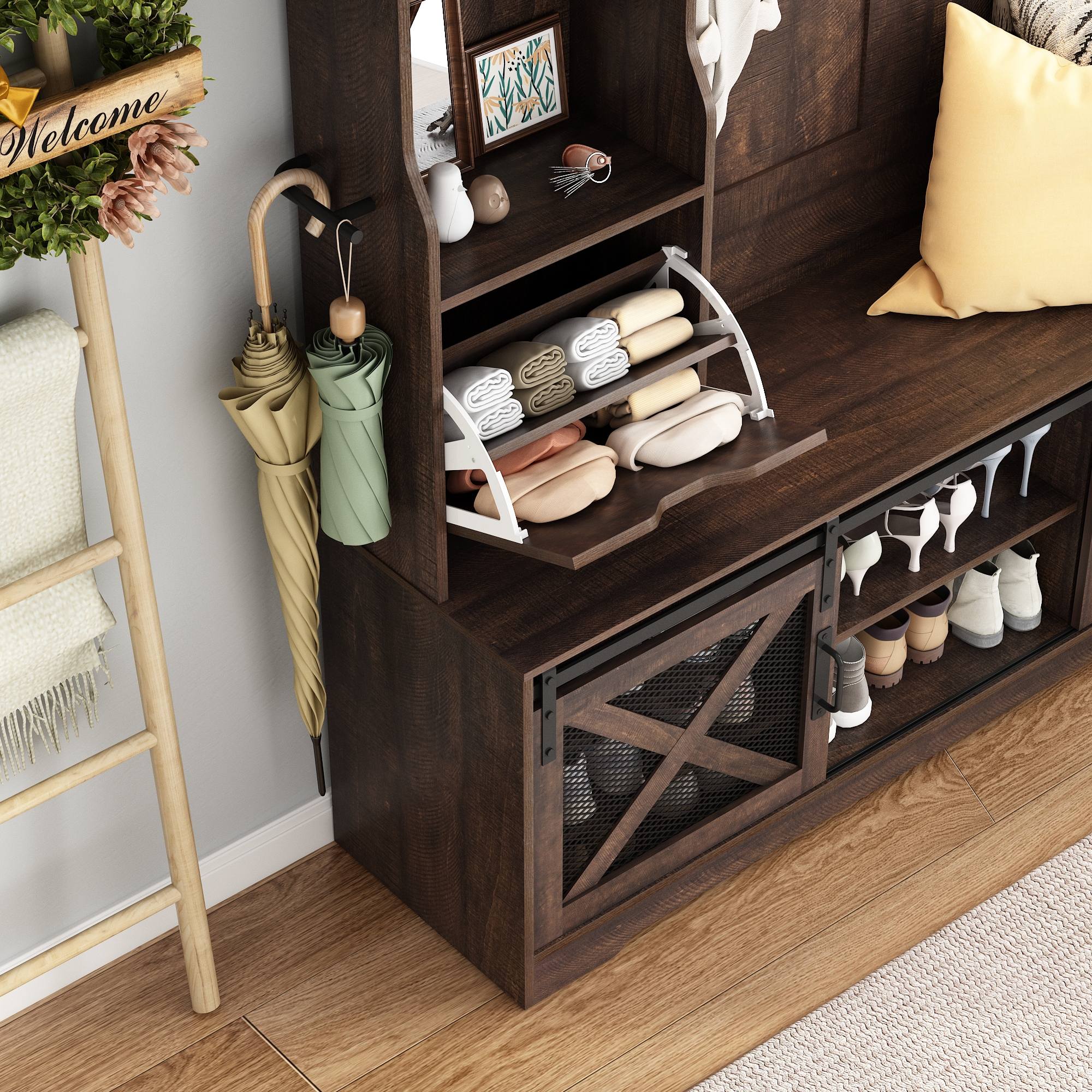 ChVans 75''H LED Farmhouse Hall Tree with 2 Sliding Barn Doors, Brown Hall Tree with Storage Bench, Drawer, Coat Hanger, 16 Shoe Cabinet & Umbrella Holder, Hallway Entryway Bench, Rustic