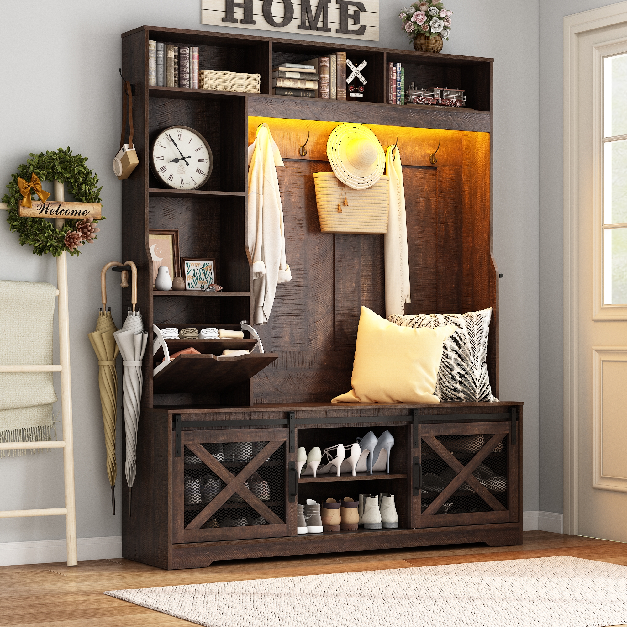 ChVans 75''H LED Farmhouse Hall Tree with 2 Sliding Barn Doors, Brown Hall Tree with Storage Bench, Drawer, Coat Hanger, 16 Shoe Cabinet & Umbrella Holder, Hallway Entryway Bench, Rustic
