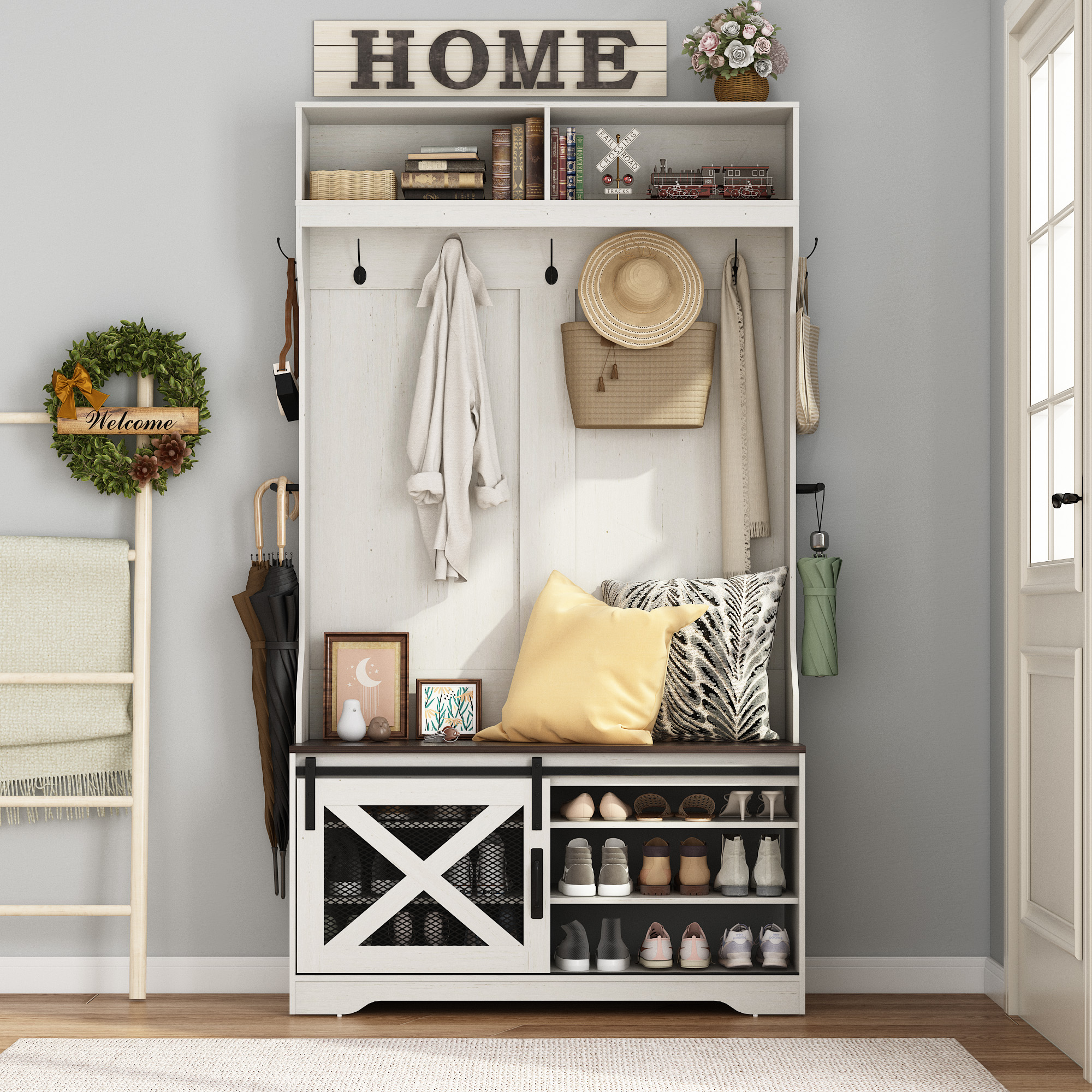 ChVans 75''H LED Farmhouse Hall Tree with Bench and Shoe Storage, Hall Tree with Storage Bench,12 Shoe Cabinet,Umbrella Holder&Sock Storage Drawer,Mudroom,Hallway,Entryway Furniture