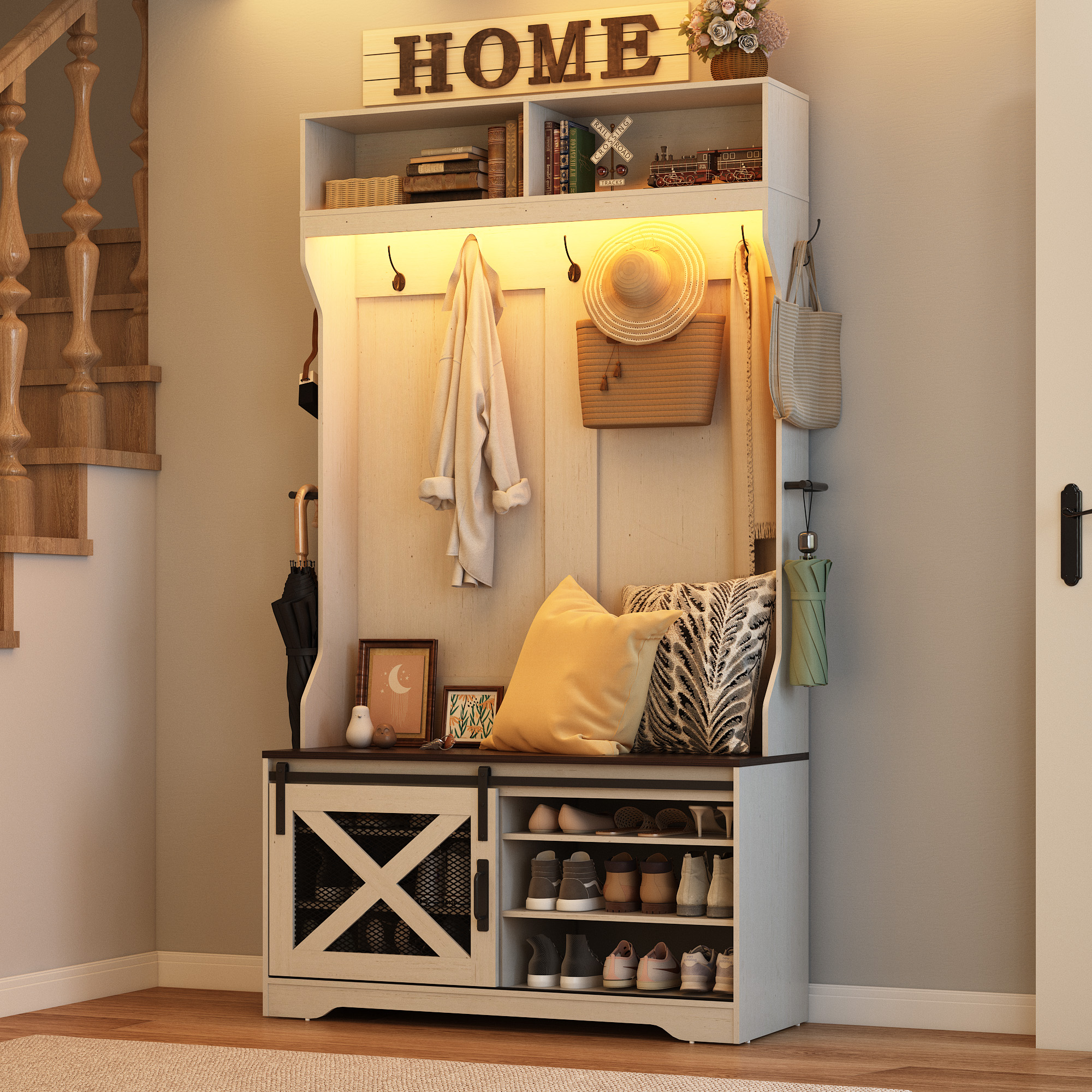 ChVans 75''H LED Farmhouse Hall Tree with Bench and Shoe Storage, Hall Tree with Storage Bench,12 Shoe Cabinet,Umbrella Holder&Sock Storage Drawer,Mudroom,Hallway,Entryway Furniture