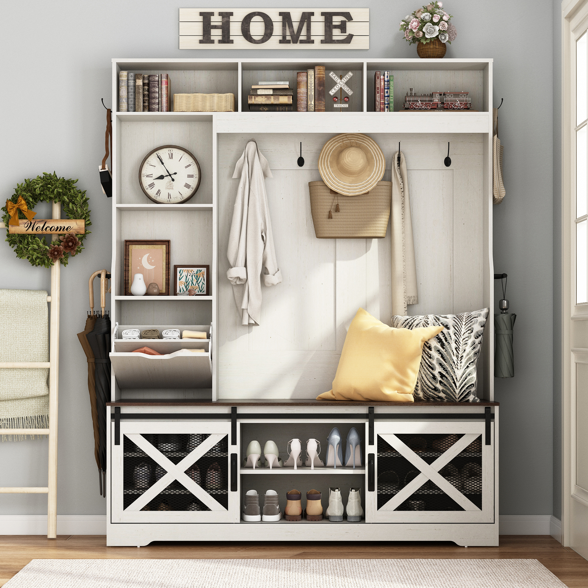 ChVans 75'' LED Farmhouse Hall Tree with 2 Sliding Barn Doors, White Hall Tree with Storage Bench, Drawer, Coat Hanger, 16 Shoe Cabinet & Umbrella Holder, Hallway Entryway Bench, Rustic