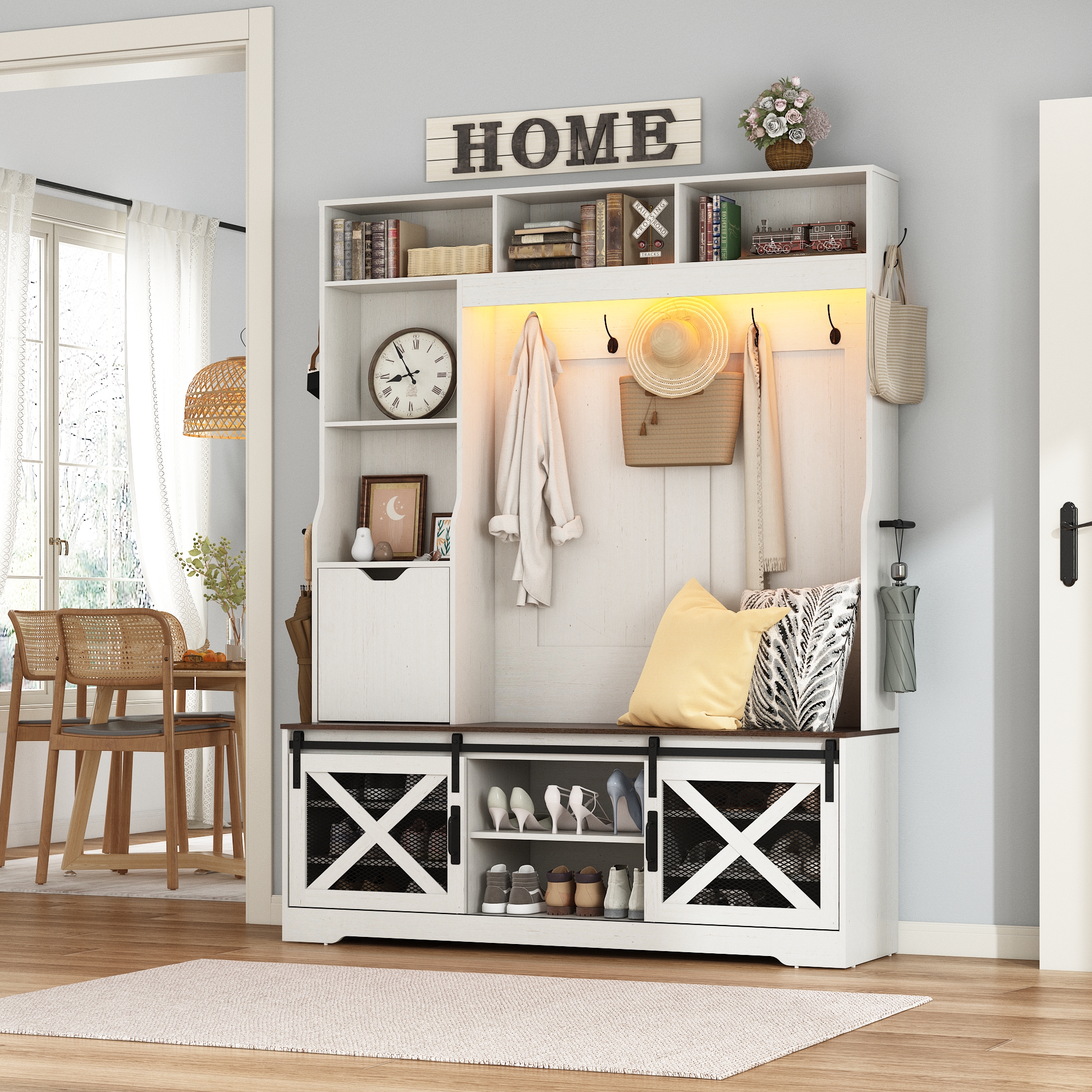 ChVans 75'' LED Farmhouse Hall Tree with 2 Sliding Barn Doors, White Hall Tree with Storage Bench, Drawer, Coat Hanger, 16 Shoe Cabinet & Umbrella Holder, Hallway Entryway Bench, Rustic