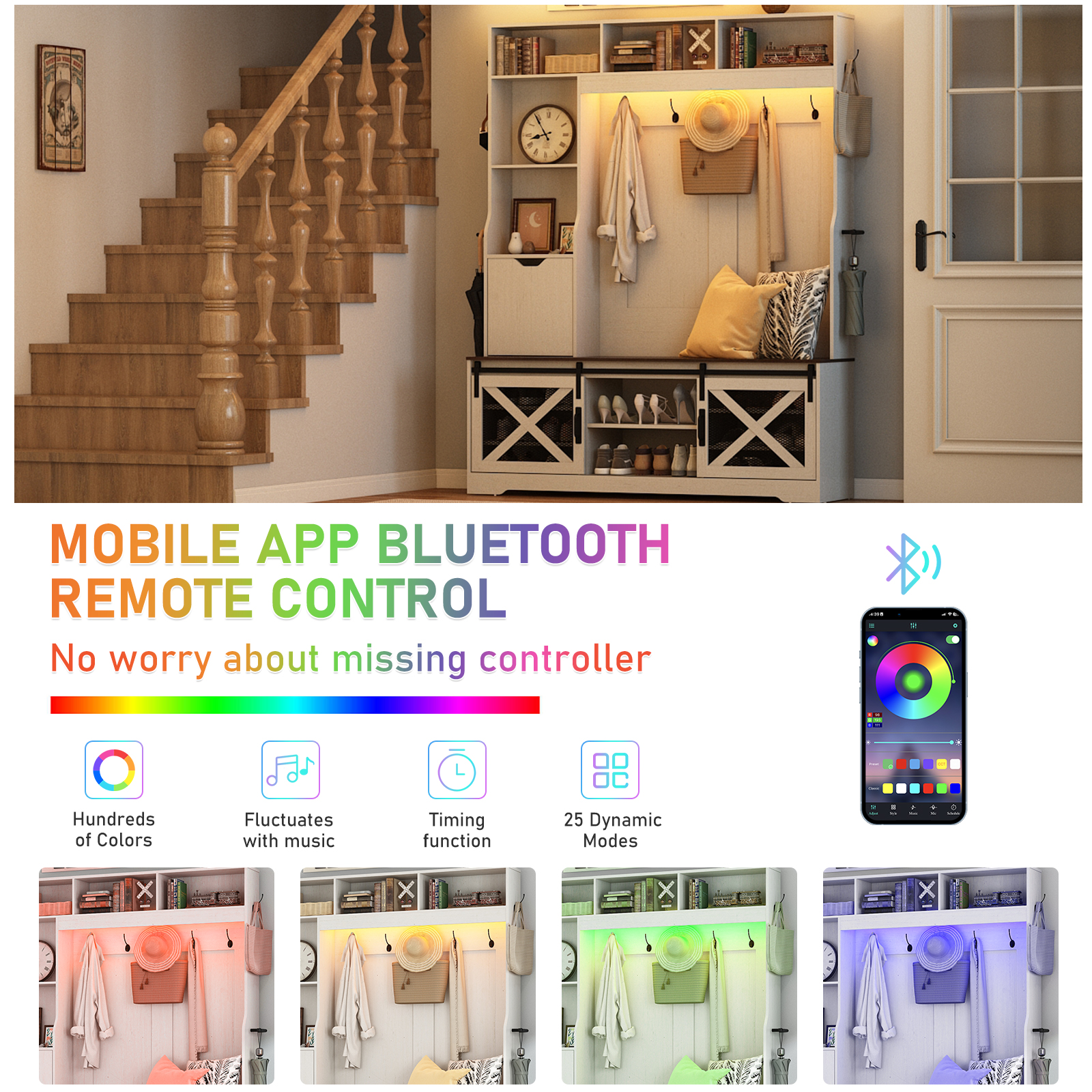 ChVans 75'' LED Farmhouse Hall Tree with 2 Sliding Barn Doors, White Hall Tree with Storage Bench, Drawer, Coat Hanger, 16 Shoe Cabinet & Umbrella Holder, Hallway Entryway Bench, Rustic