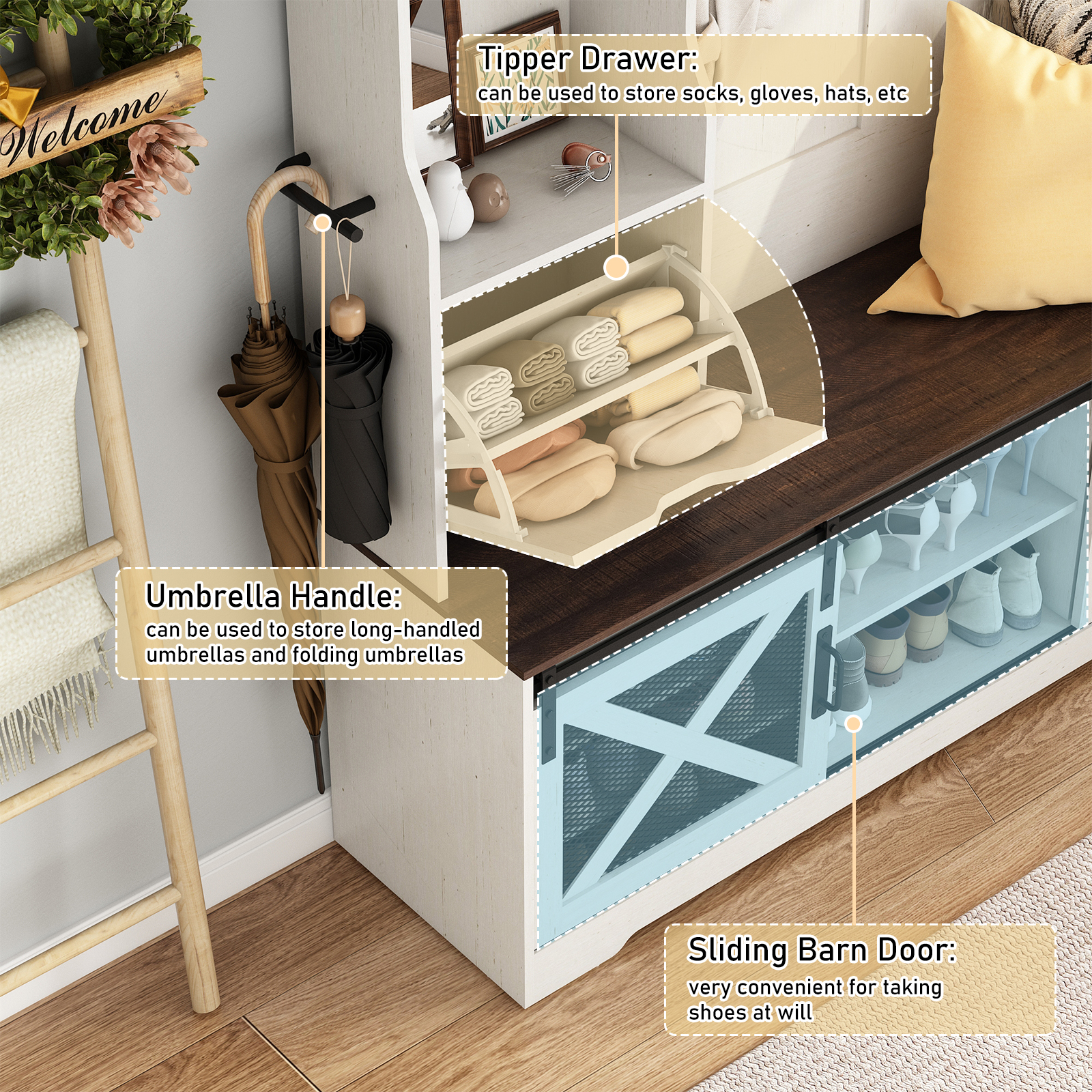 ChVans 75'' LED Farmhouse Hall Tree with 2 Sliding Barn Doors, White Hall Tree with Storage Bench, Drawer, Coat Hanger, 16 Shoe Cabinet & Umbrella Holder, Hallway Entryway Bench, Rustic