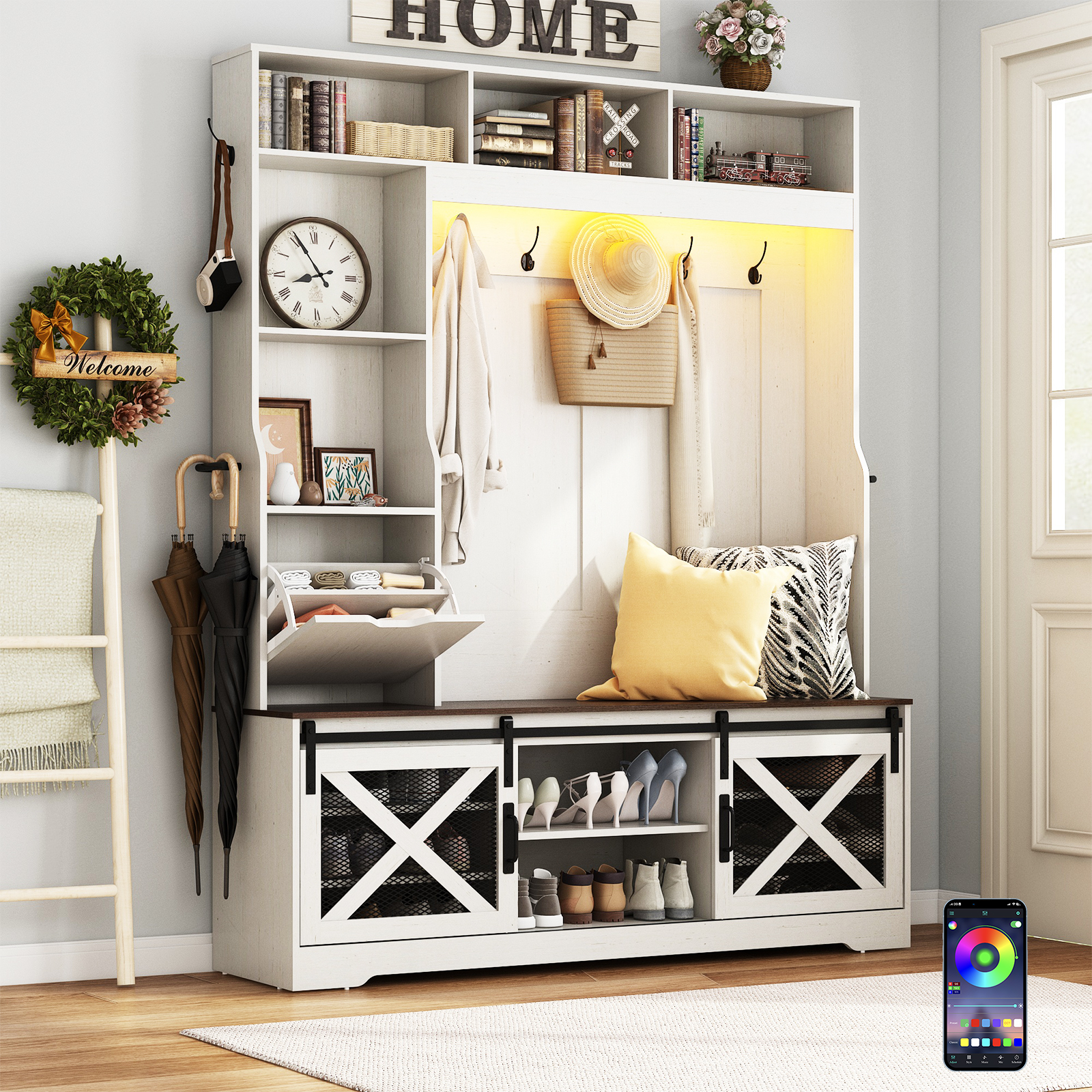 ChVans 75'' LED Farmhouse Hall Tree with 2 Sliding Barn Doors, White Hall Tree with Storage Bench, Drawer, Coat Hanger, 16 Shoe Cabinet & Umbrella Holder, Hallway Entryway Bench, Rustic