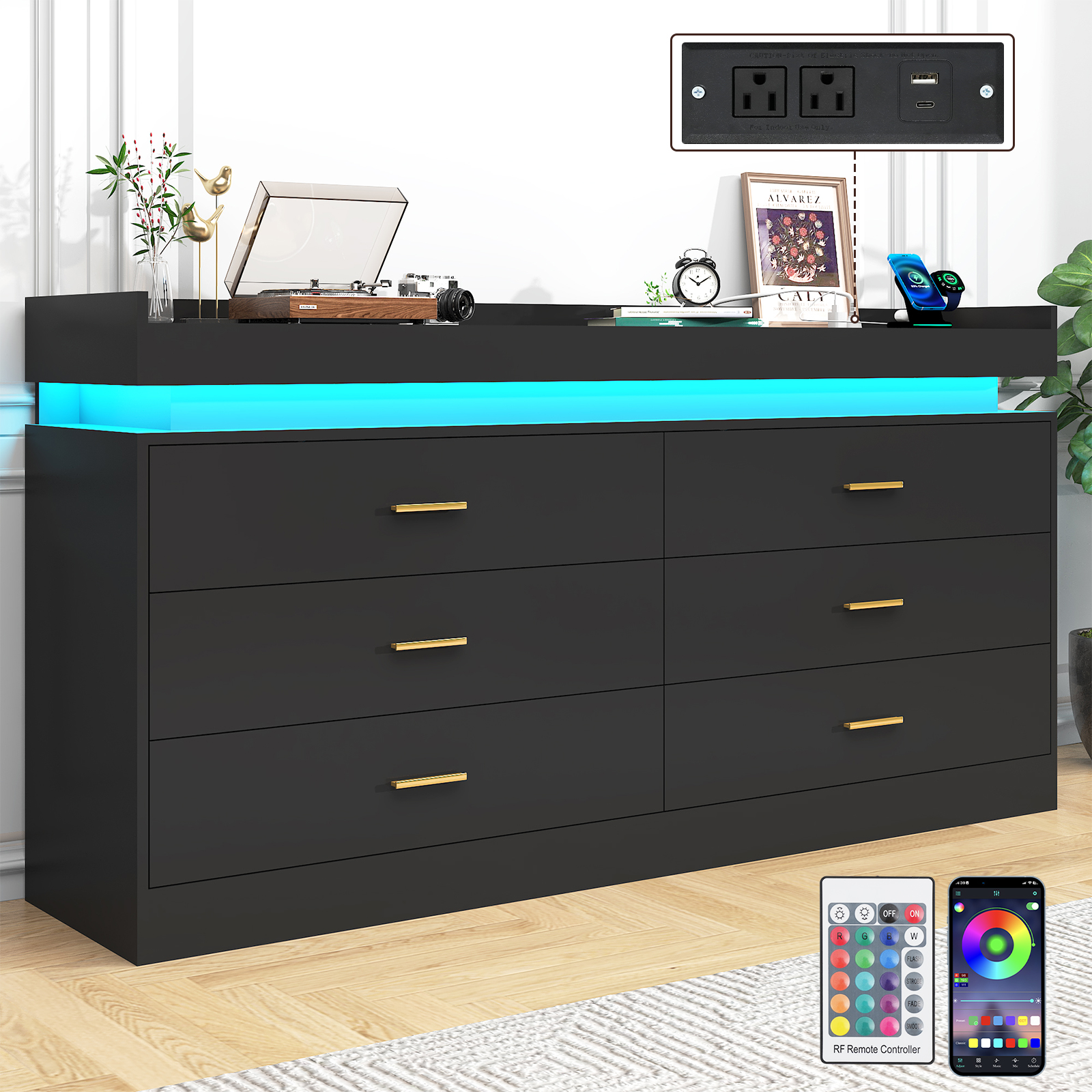 ChVans 6 Drawer Dresser with LED Light and Charging Station, Modern Chest of Drawers, Wooden Storage Dresser for Bedroom, Living Room, Entryway