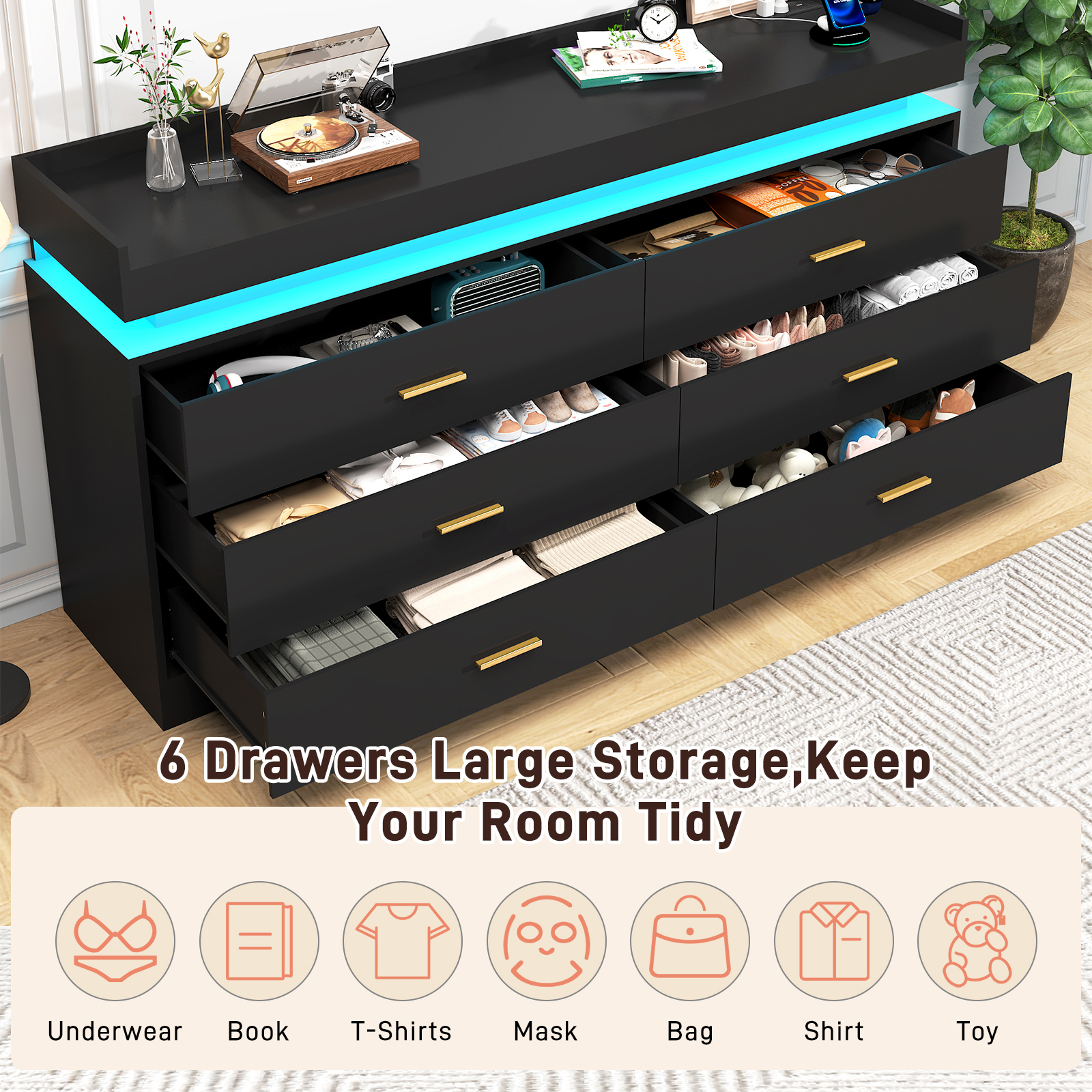 ChVans 6 Drawer Dresser with LED Light and Charging Station, Modern Chest of Drawers, Wooden Storage Dresser for Bedroom, Living Room, Entryway