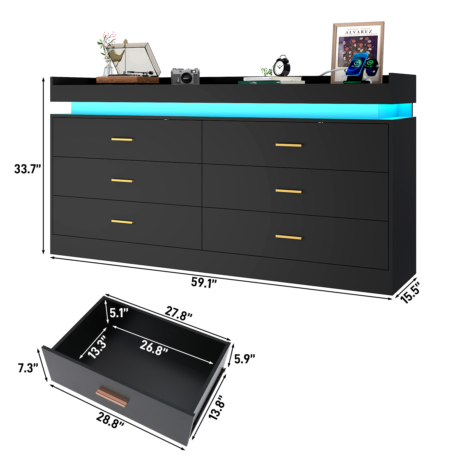 ChVans 6 Drawer Dresser with LED Light and Charging Station, Modern Chest of Drawers, Wooden Storage Dresser for Bedroom, Living Room, Entryway