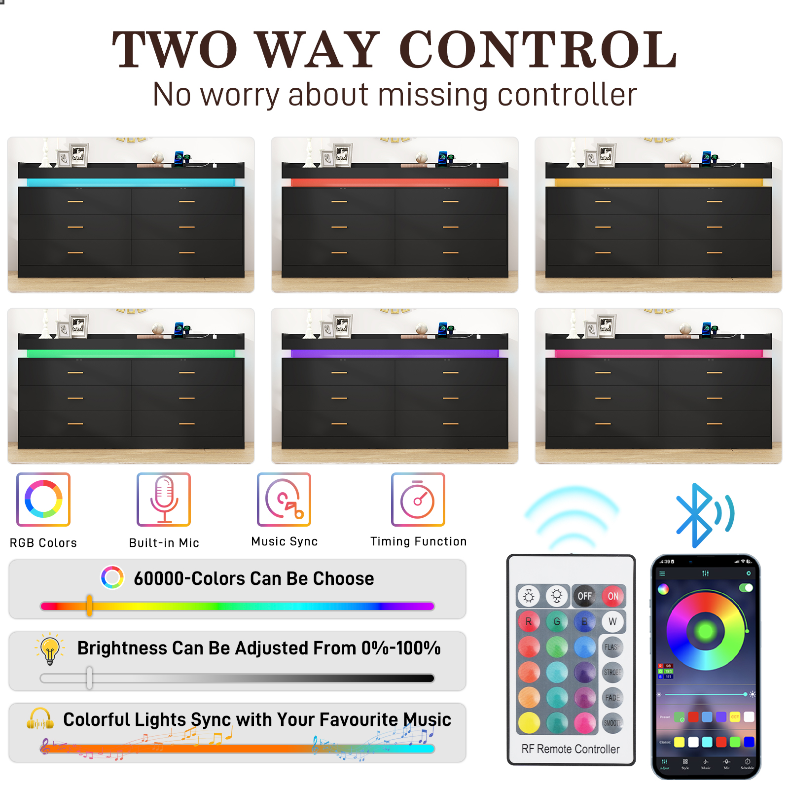 ChVans 6 Drawer Dresser with LED Light and Charging Station, Modern Chest of Drawers, Wooden Storage Dresser for Bedroom, Living Room, Entryway