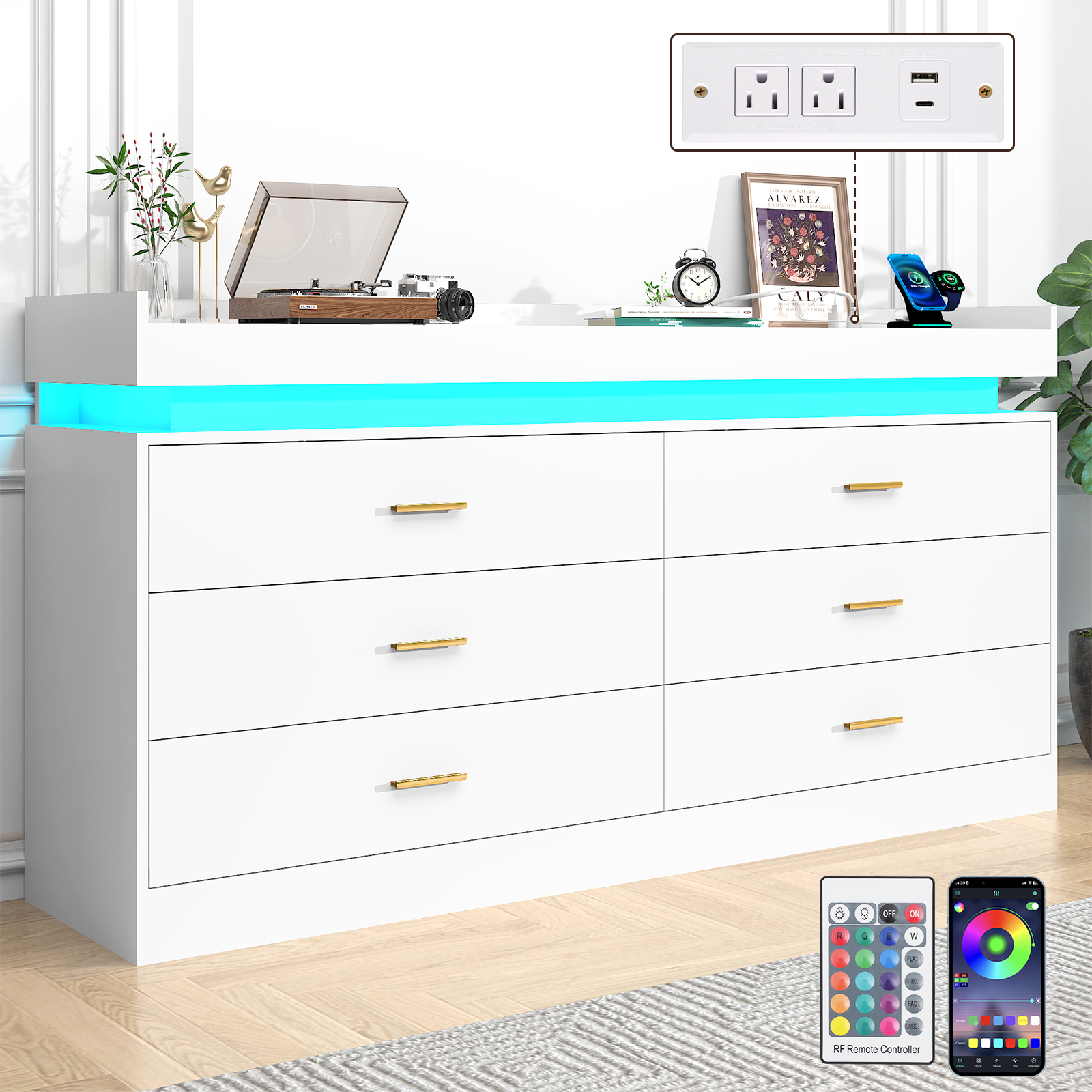 ChVans 6 Drawer Dresser with LED Light and Charging Station, Modern Chest of Drawers, Wooden Storage Dresser for Bedroom, Living Room, Entryway