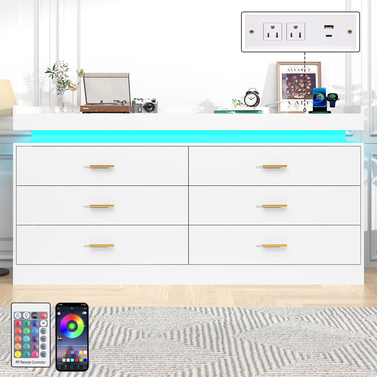 ChVans 6 Drawer Dresser with LED Light and Charging Station, Modern Chest of Drawers, Wooden Storage Dresser for Bedroom, Living Room, Entryway