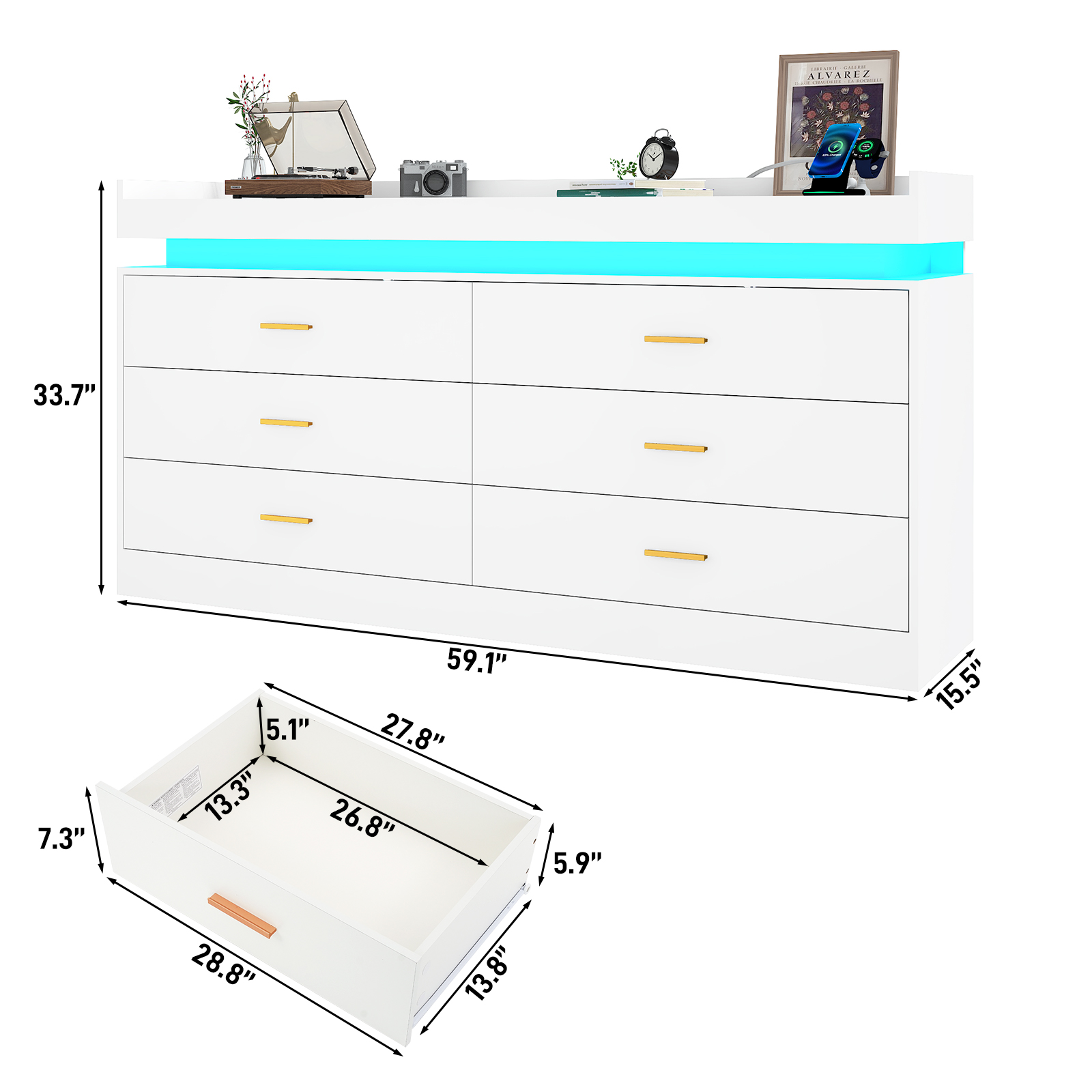 ChVans 6 Drawer Dresser with LED Light and Charging Station, Modern Chest of Drawers, Wooden Storage Dresser for Bedroom, Living Room, Entryway