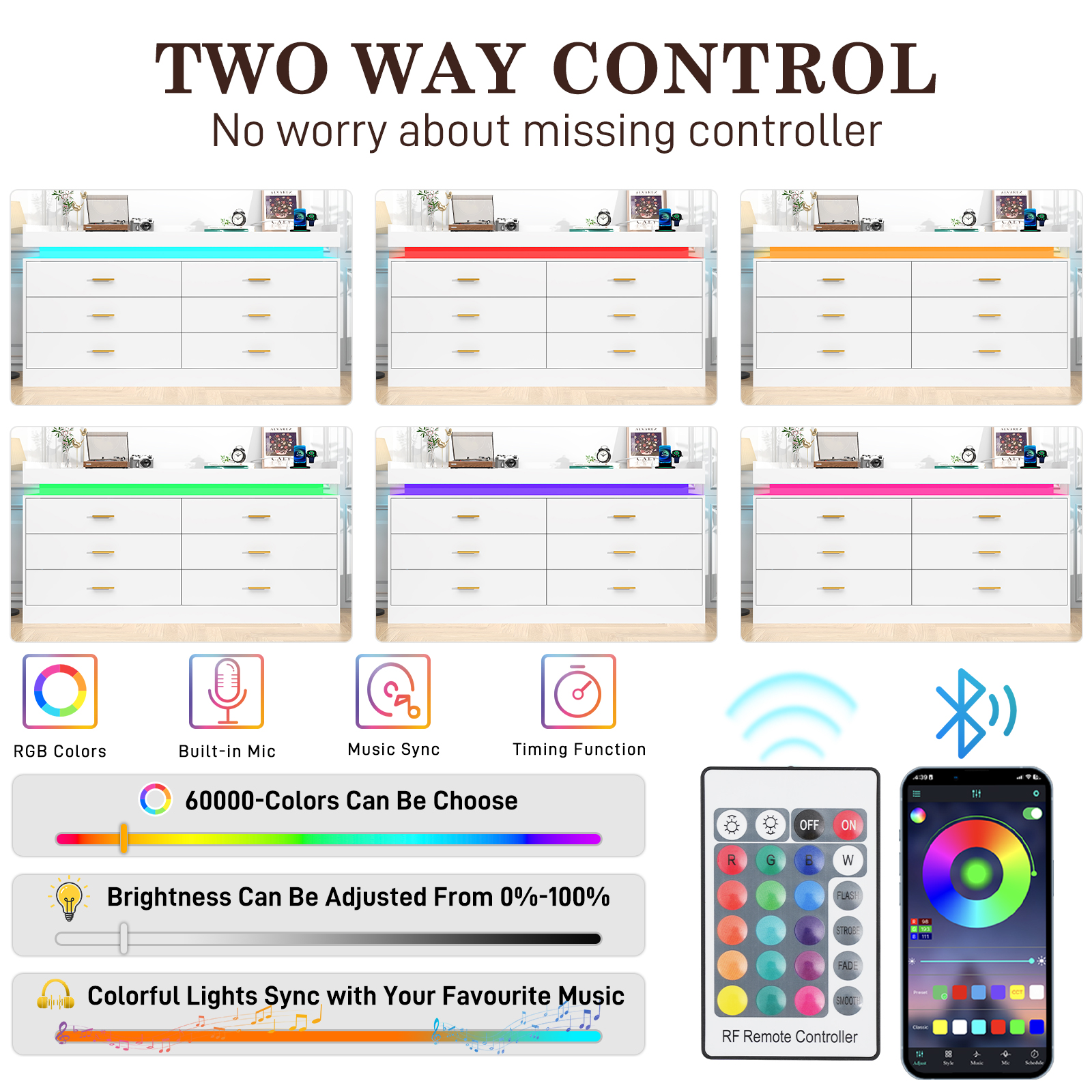 ChVans 6 Drawer Dresser with LED Light and Charging Station, Modern Chest of Drawers, Wooden Storage Dresser for Bedroom, Living Room, Entryway