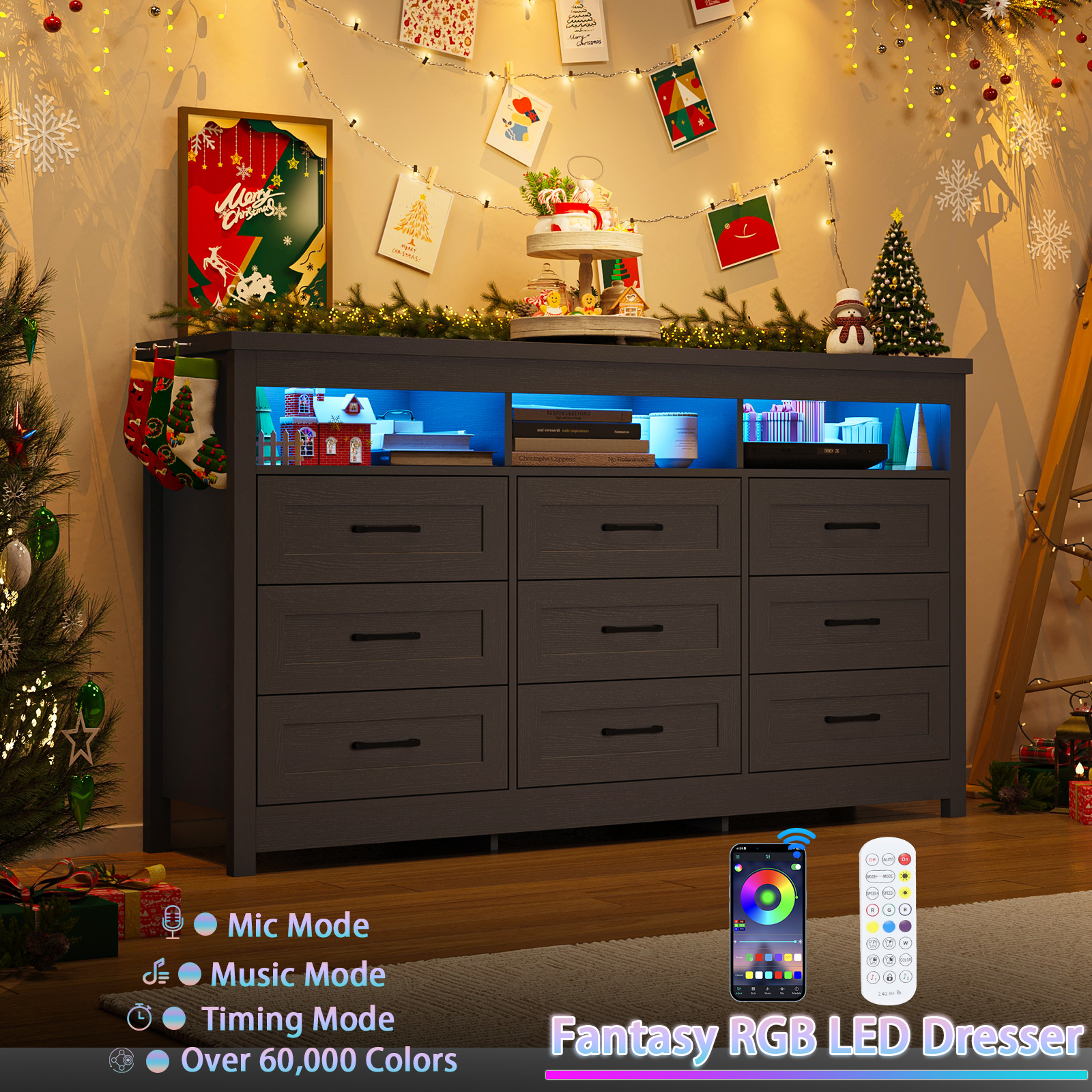 ANPOO 9 Drawers Dresser with Power Outlet&LED Light, Farmhouse Long Dresser TV Stand with 3 Open Spaces, 63'' Wood Dresser for Bedroom, Living Room, Entryway, Hallway