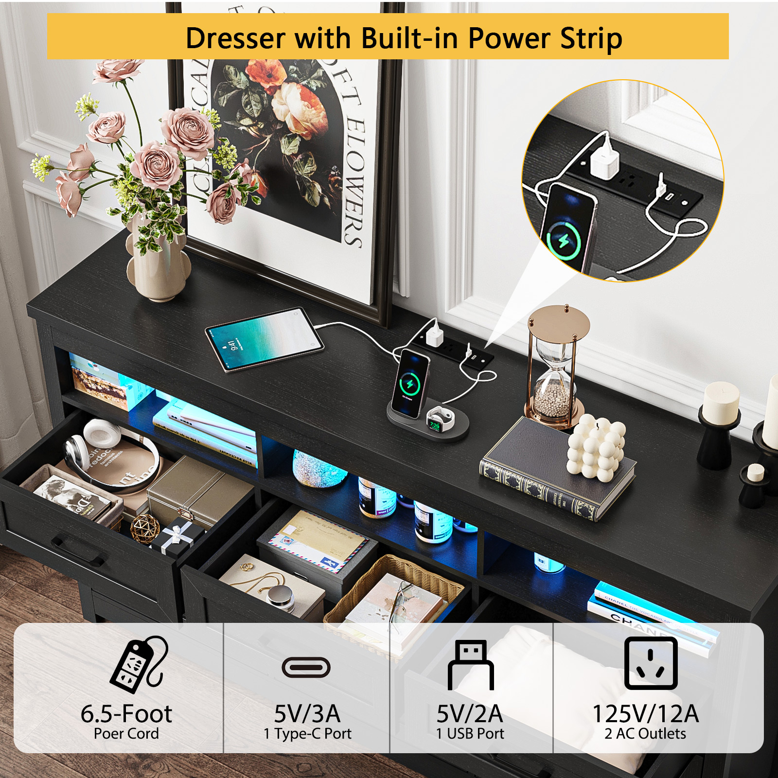 ANPOO 9 Drawers Dresser with Power Outlet&LED Light, Farmhouse Long Dresser TV Stand with 3 Open Spaces, 63'' Wood Dresser for Bedroom, Living Room, Entryway, Hallway