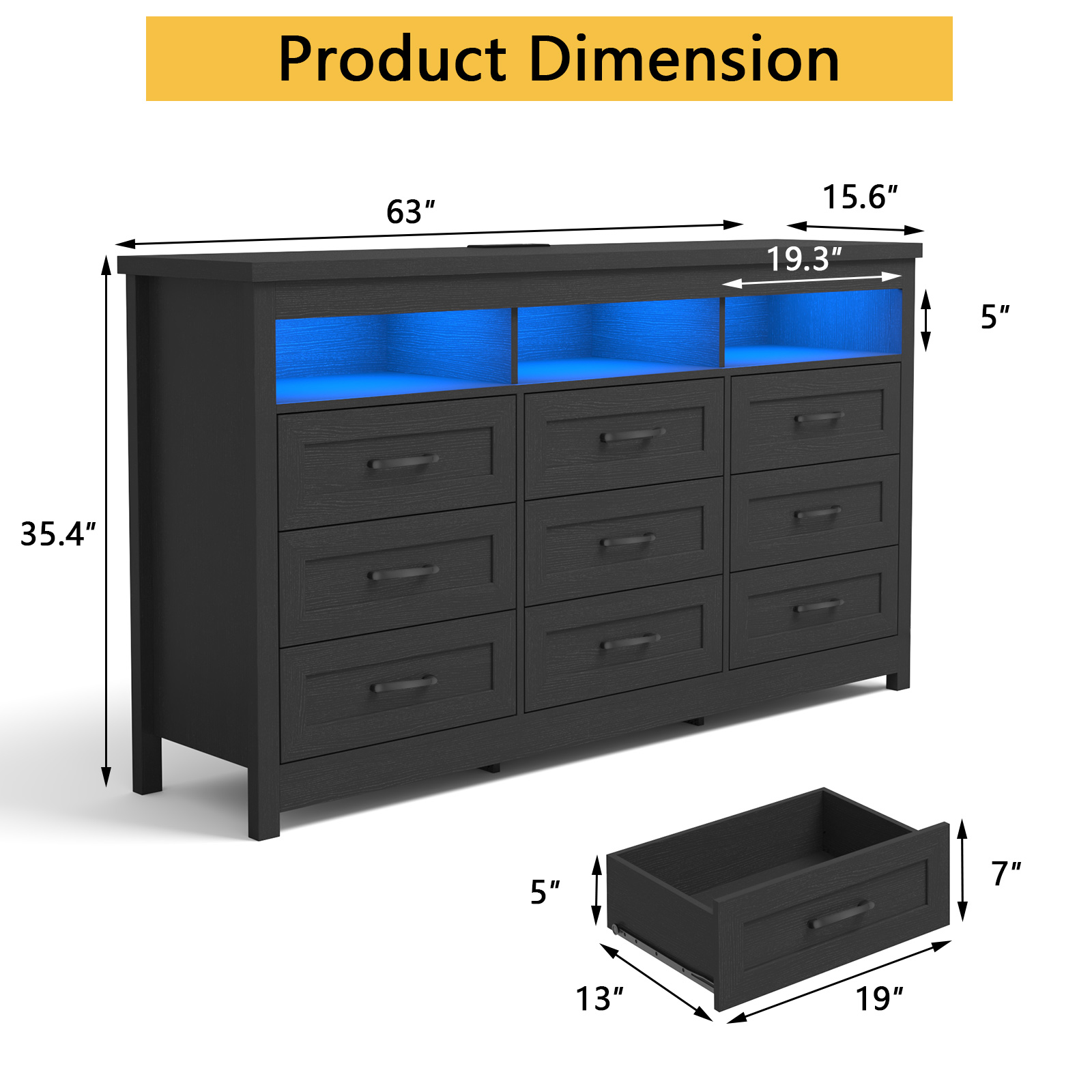 ANPOO 9 Drawers Dresser with Power Outlet&LED Light, Farmhouse Long Dresser TV Stand with 3 Open Spaces, 63'' Wood Dresser for Bedroom, Living Room, Entryway, Hallway