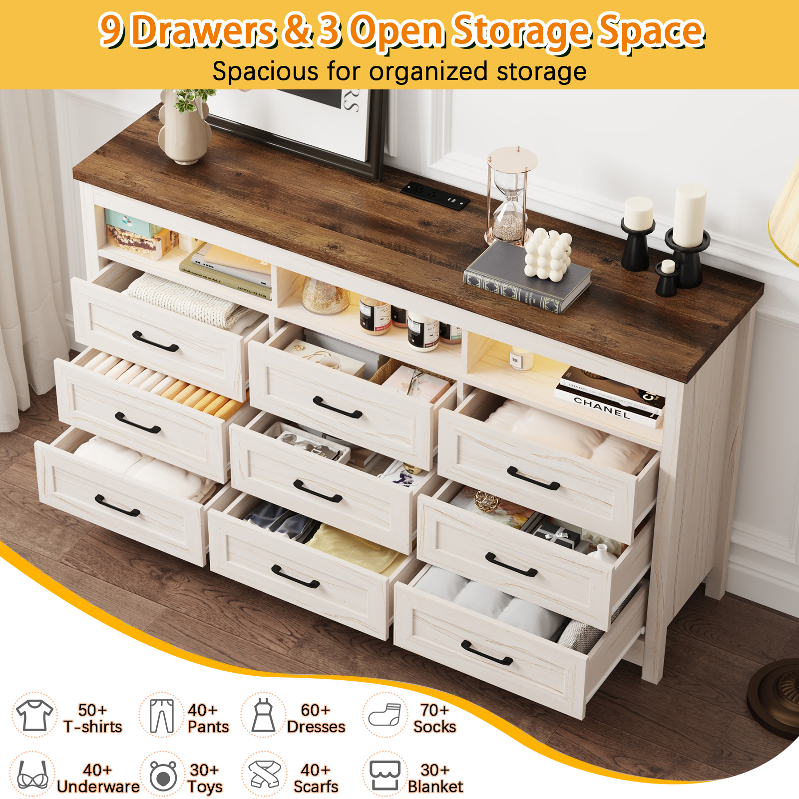 ANPOO 9 Drawers Dresser with Power Outlet&LED Light, Farmhouse Long Dresser TV Stand with 3 Open Spaces, 63'' Wood Dresser for Bedroom, Living Room, Entryway, Hallway