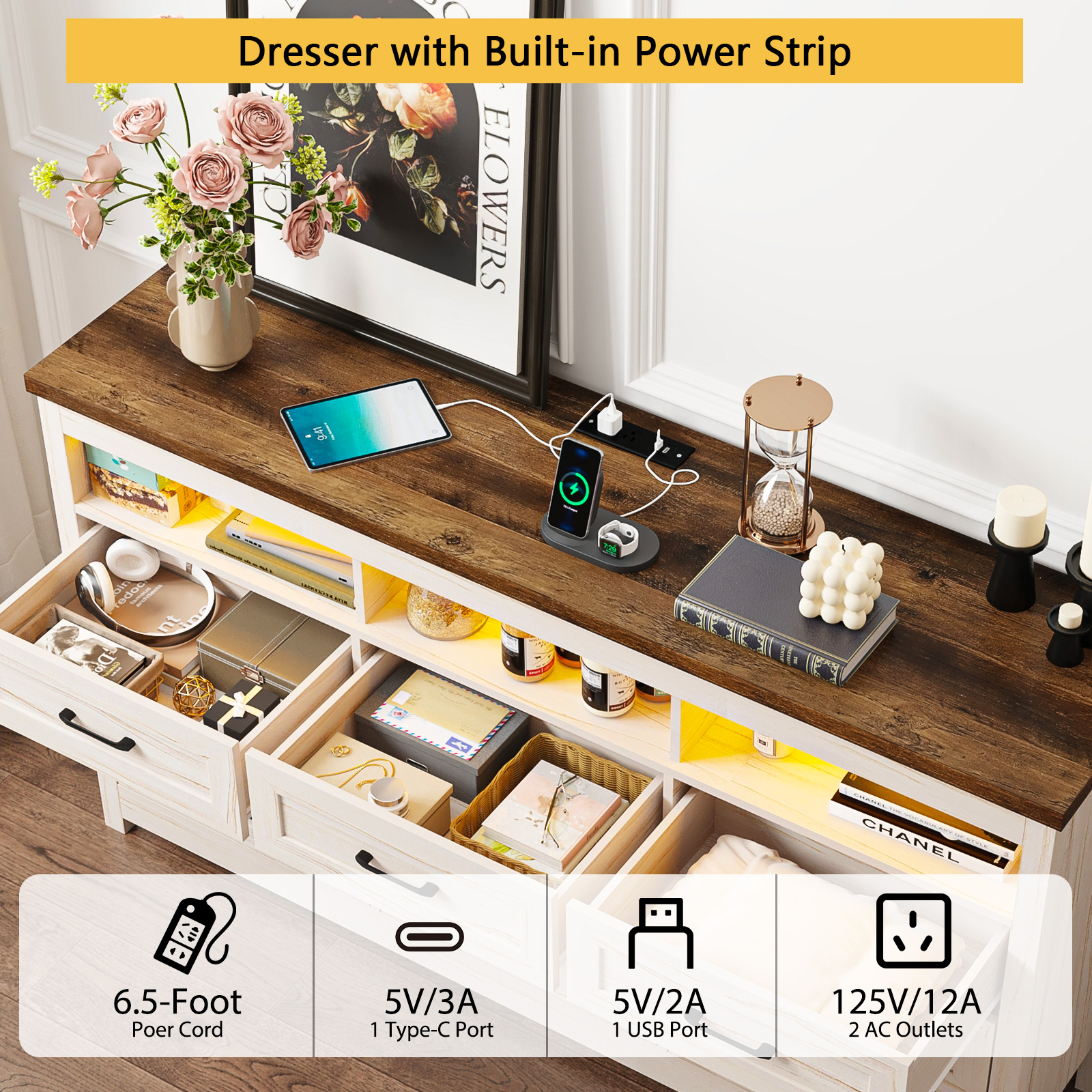 ANPOO 9 Drawers Dresser with Power Outlet&LED Light, Farmhouse Long Dresser TV Stand with 3 Open Spaces, 63'' Wood Dresser for Bedroom, Living Room, Entryway, Hallway