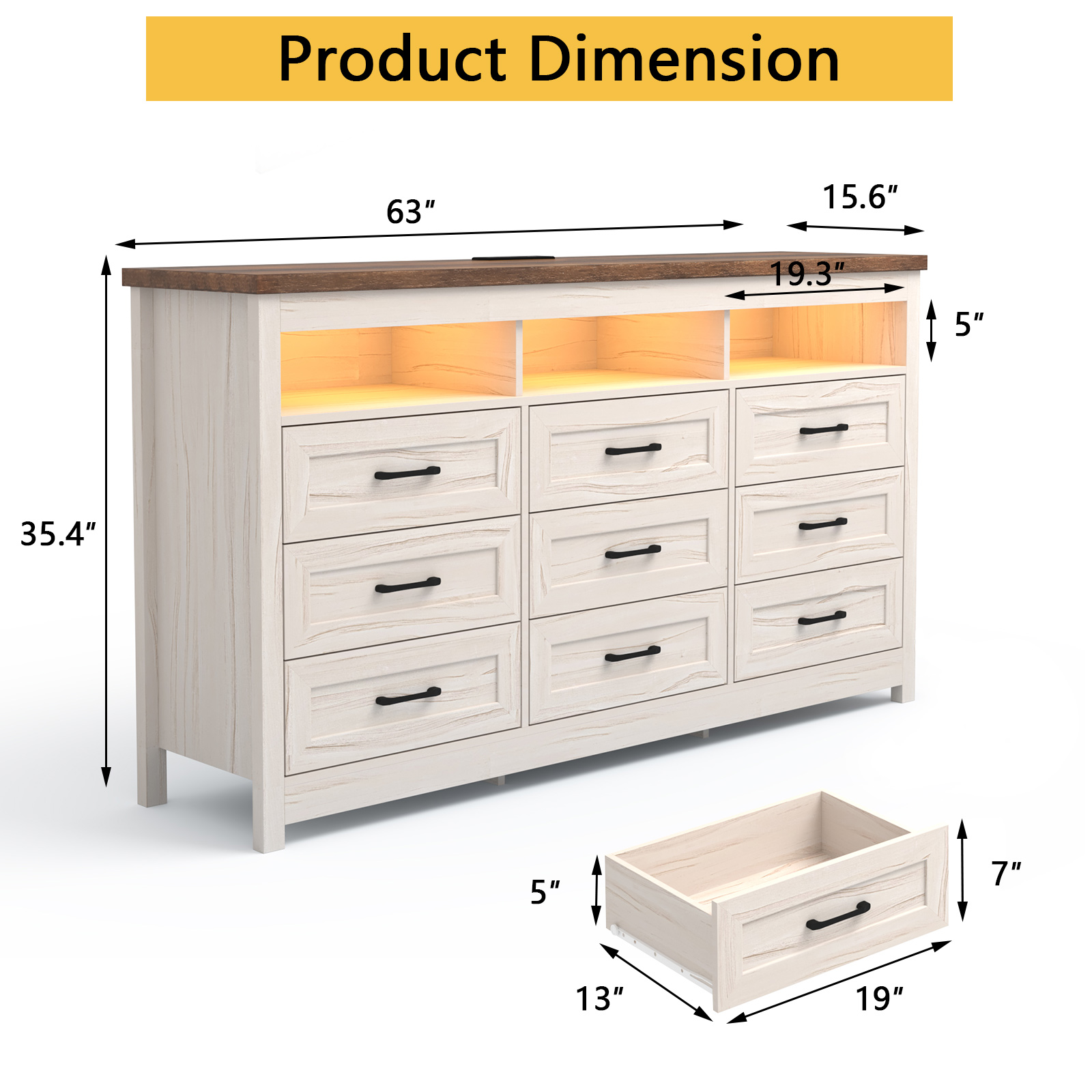 ANPOO 9 Drawers Dresser with Power Outlet&LED Light, Farmhouse Long Dresser TV Stand with 3 Open Spaces, 63'' Wood Dresser for Bedroom, Living Room, Entryway, Hallway