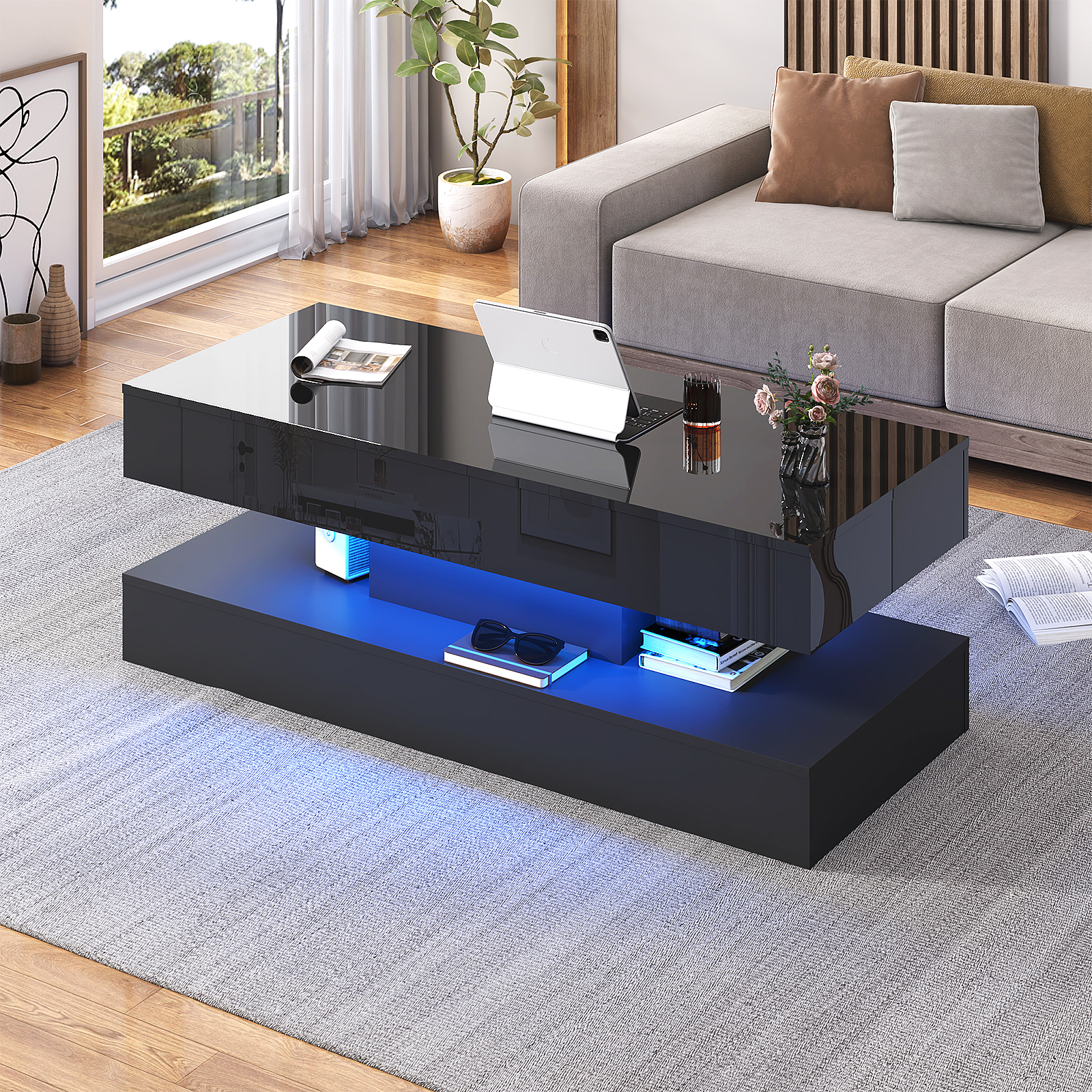 ChVans Black LED Coffee Table with 2 Storage Drawers, Modern High Gloss Coffee Table w/20 Colors LED Lights/APP Control, 2 Tiers Rectangle Large Living Room Furniture w/Marbling Print(47.3"Black)