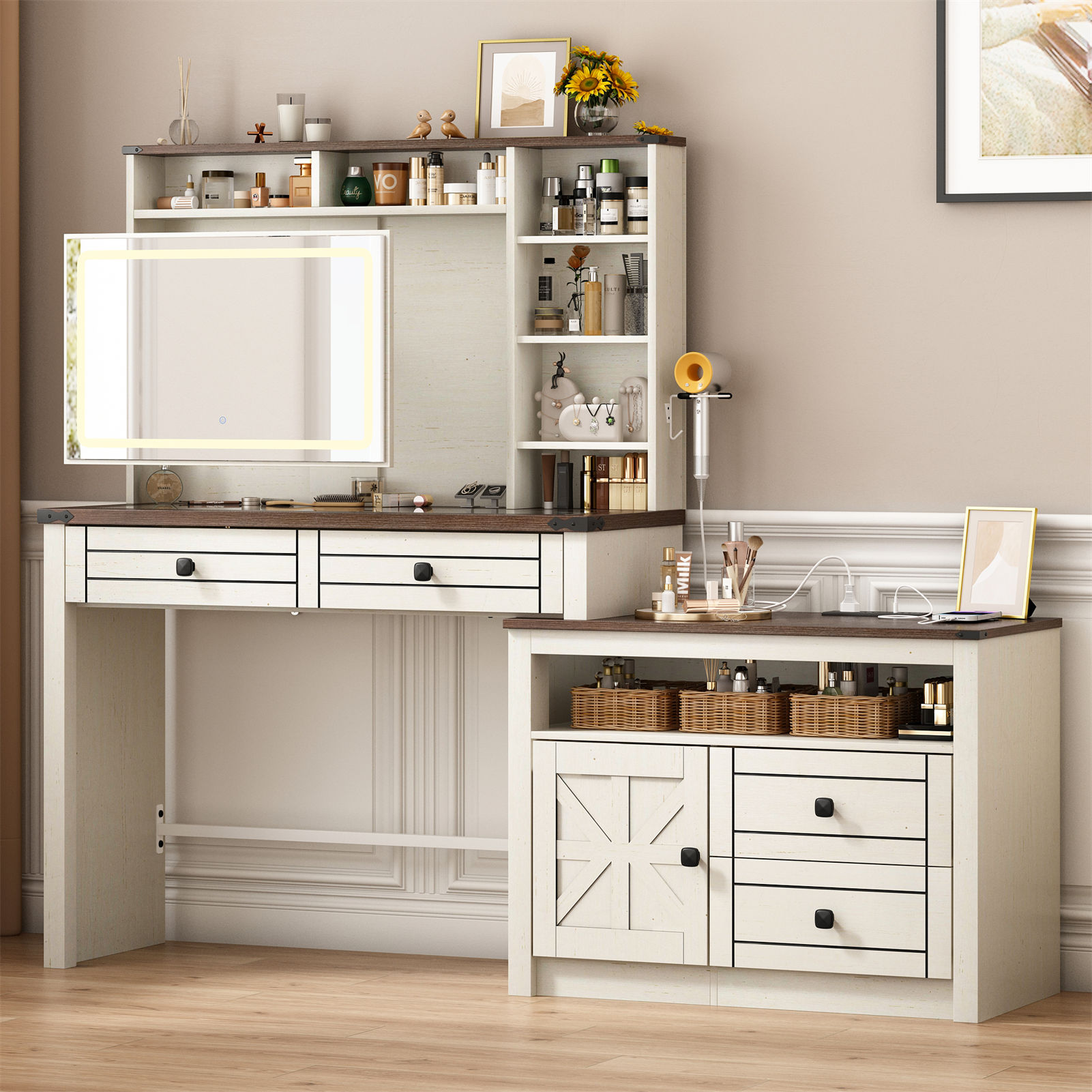 65'' Large Vanity Desk with Sliding Lighted Mirror and Power Outlets, Glass Tabletop Makeup Vanity Corner Vanity with 5 Drawers & 7 Shelves