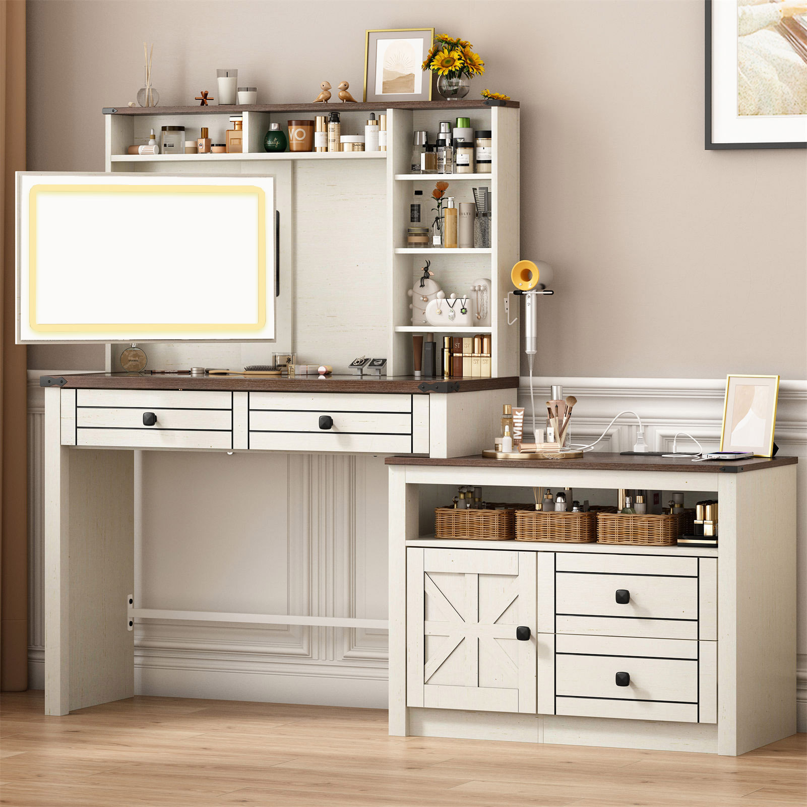 65'' Large Vanity Desk with Sliding Lighted Mirror and Power Outlets, Glass Tabletop Makeup Vanity Corner Vanity with 5 Drawers & 7 Shelves